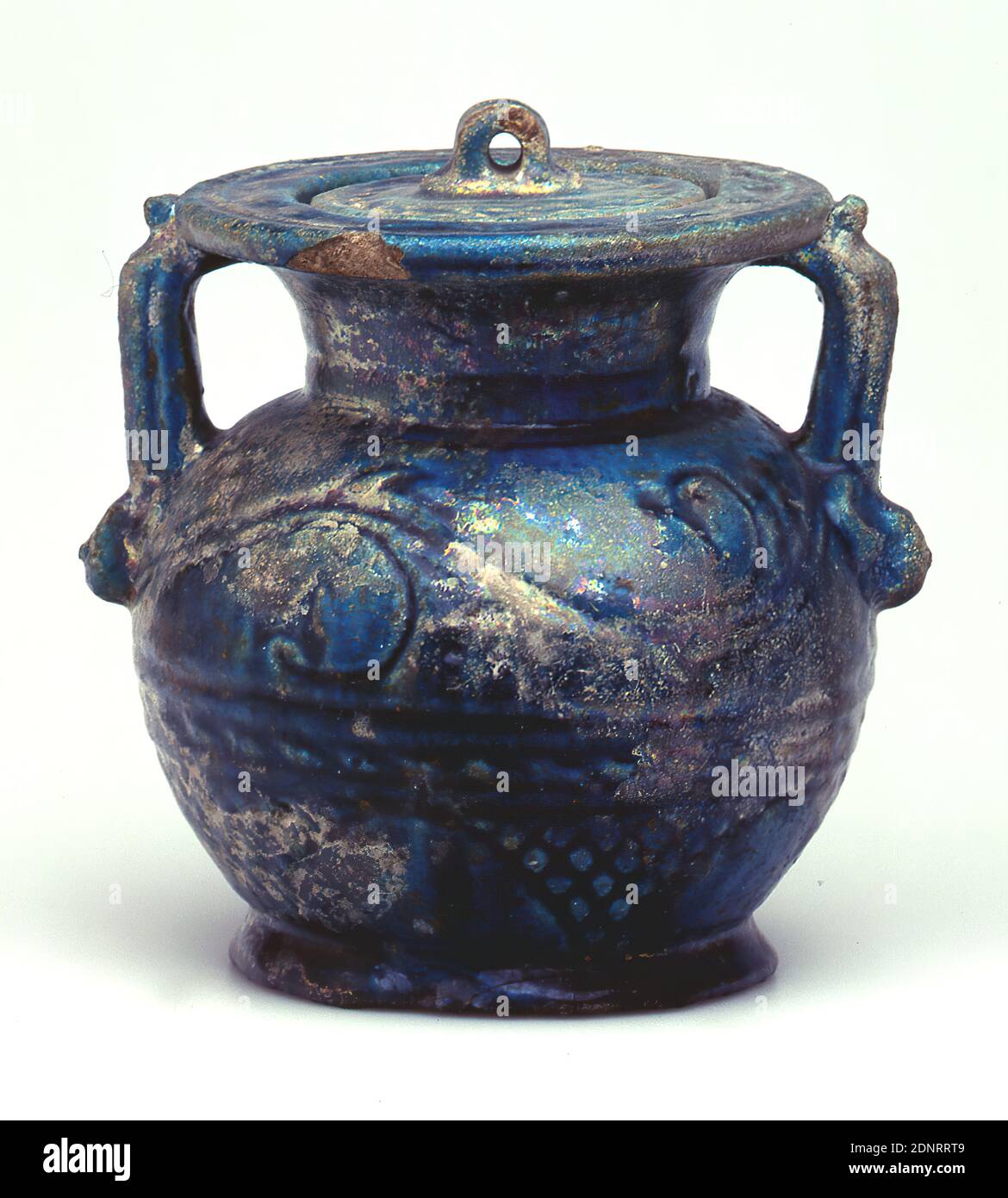 Amphora, faience, fired (ceramic), quartz frit ('faience'), Total: Height:  17.3 cm; Diameter: 14.8 cm; Muzzle diameter: 12.6 cm, grave goods,  ornaments, antiquity, The small-format vessel has a deep blue-green  iridescent glaze. Ornaments