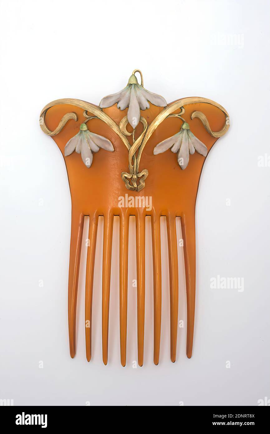 Vever Frères, jewelry comb snowdrop, Acquired from the manufacturer at the world exhibition 1900 in Paris, tortoiseshell, gold, metal, enameled, tortoiseshell, gold, enamel, metal, Total: Height: 15 cm; Width: 8 cm, signed: on the back top VEVER/ PARIS, jewelry for body and clothing (women's clothing), hair ornaments, flowers, art nouveau Stock Photo