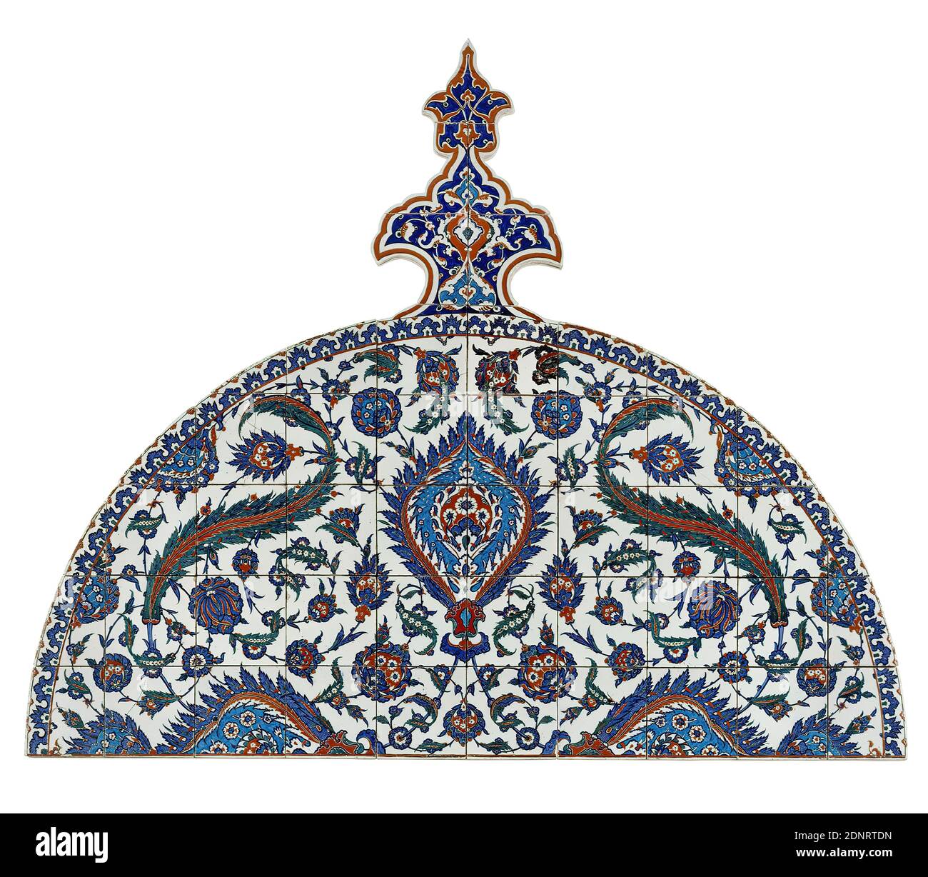 Tile arch, ceramics, underglazed decoration, Total: Height: 170.00 cm; Width: 230.00 cm, architectural decoration, ceramics, plant ornaments, The Iznik ceramics is famous for its bright colors. The plant decoration combines fantasy and observation of nature. The arch probably comes from the building complex of the Piyale Pasha Mosque of Sinan in Istanbul Stock Photo