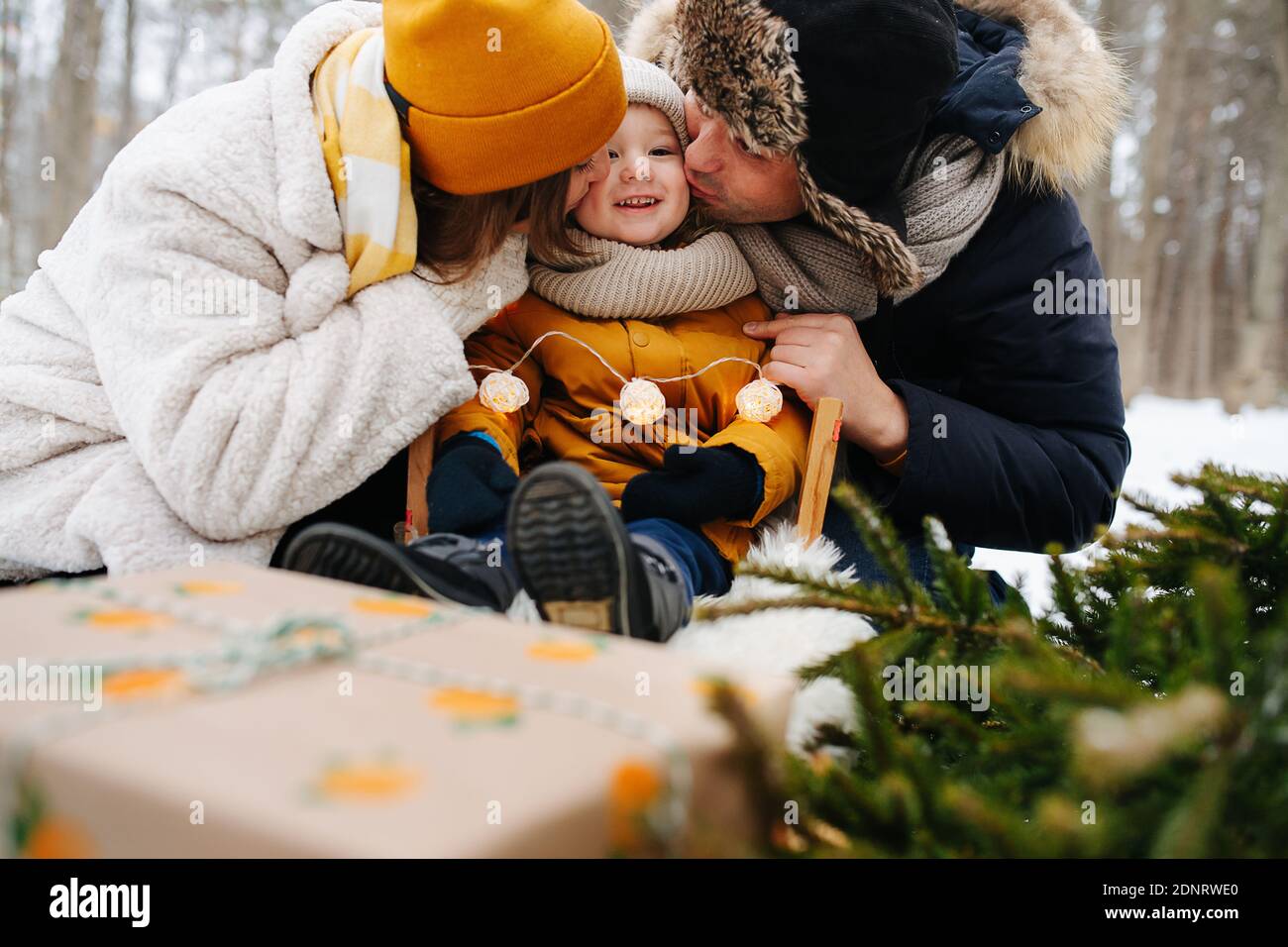 Happy parents kissing their little girl, sitting on a sleigh. In a ...