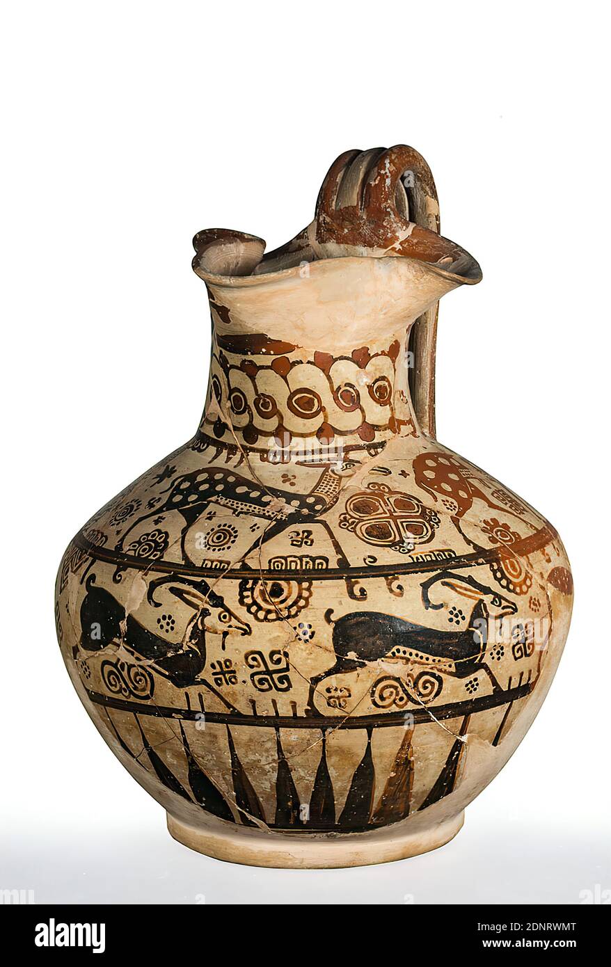 Suction. Rhodian jug with animal friezes, clay, quickly turned, painted (ceramic), alternately fired, clay, turned, painted, fired, Total: Height: 28.4 cm; Diameter: 21.6 cm, ceramic, animals, early archaic, The bulbous jug with cloverleaf mouth and handle made of three sticks is decorated with two surrounding animal friezes between a halo of rays at the bottom and a braided band at the neck. The varnish is not evenly burned, hence the brown-black to orange-red coloration. Stock Photo