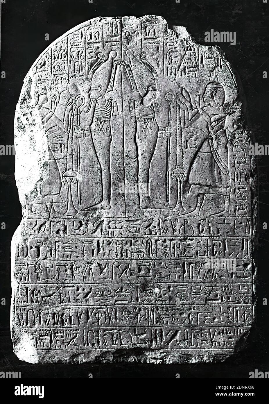 Gravestone of the Hare, Limestone, chiseled, reliefs, Limestone, Total: Height: 34 cm; Width: 25 cm; Depth: 7.5 cm, Grave equipment, funerary monument, tomb, burial place, Osiris, god of the underworld, ritual practices in the Egyptian religion, The small-format gravestone stele has a semicircular upper finish. While the back has been roughly worked off, the finely smoothed front has a relief in the upper section and extensive vertical and horizontal inscriptions. The left side shows an extensive eruption, the right side has bumped edges. Stock Photo