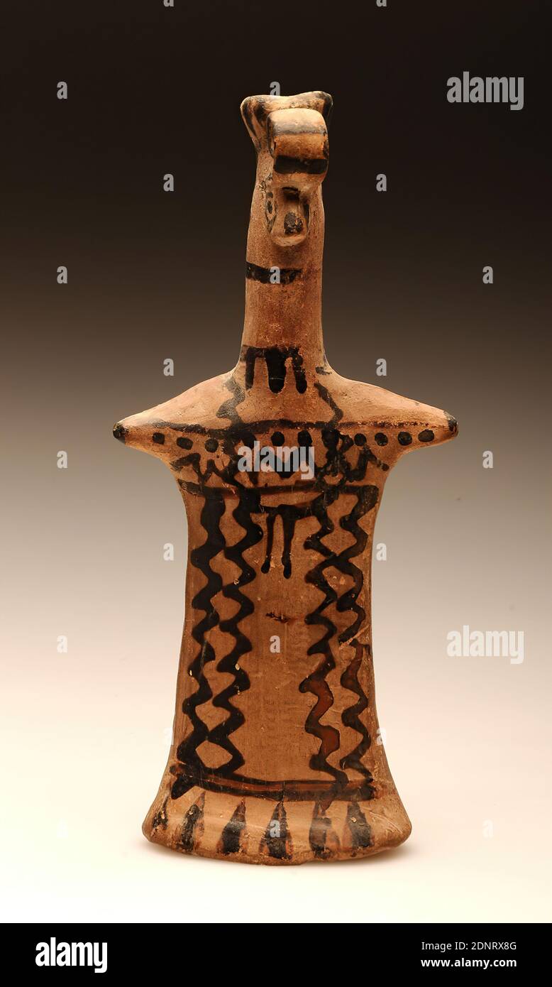 Female Brettidol, donation by Dr. Hans Calmann (Hamburg), clay, hand modeled, painted (ceramic), fired (ceramic), clay, Total: Height: 17.5 cm; Width: 8 cm; Depth: 3.1 cm, ceramic, woman, ornaments, middle archaic, Greek antiquity, In the archaic period, Brettidols were mainly common in Boeotia, occasionally also in the Argolis. They reflect older forms, which possibly take up ancient cult images in board form. Jewelry and festive garments point to important models, for example, in Boeotia the festival of Hera in Plataiai, the so-called Daidala, could be associated with the figures. Stock Photo