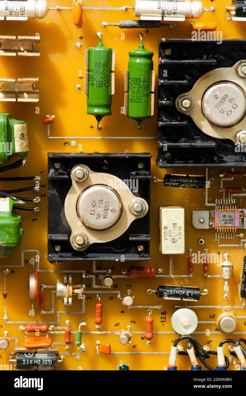 Radio parts on the electronic board. Old USSR radio components on
