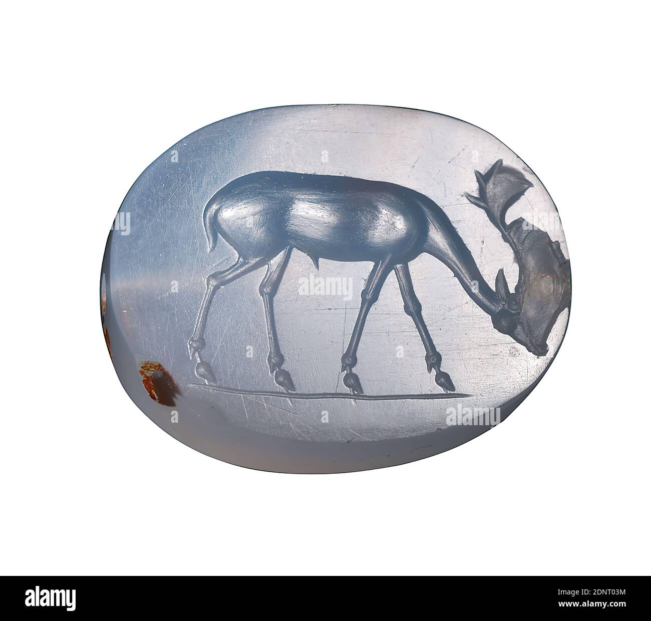 Dexamenos, chamois (grazing fallow deer), Chalcedon, cut, drilled, Chalcedon, Total: Height: 2.2 cm; Width: 2.85 cm; Depth: 1.07 cm, Body ornamentation, Glyptic, Stag, High Classical (Greek antiquity), Rich style, The intaglio is scarabaeoid Holes on the sides indicate that it was used as a ring. The picture field shows a fallow deer in side view on a fine baseline. In the area of the head and the antlers there is a shell-shaped eruption; smaller defects are also visible on the opposite edge. The depiction is extremely delicate, muscles, tendons and joints are indicated. Stock Photo