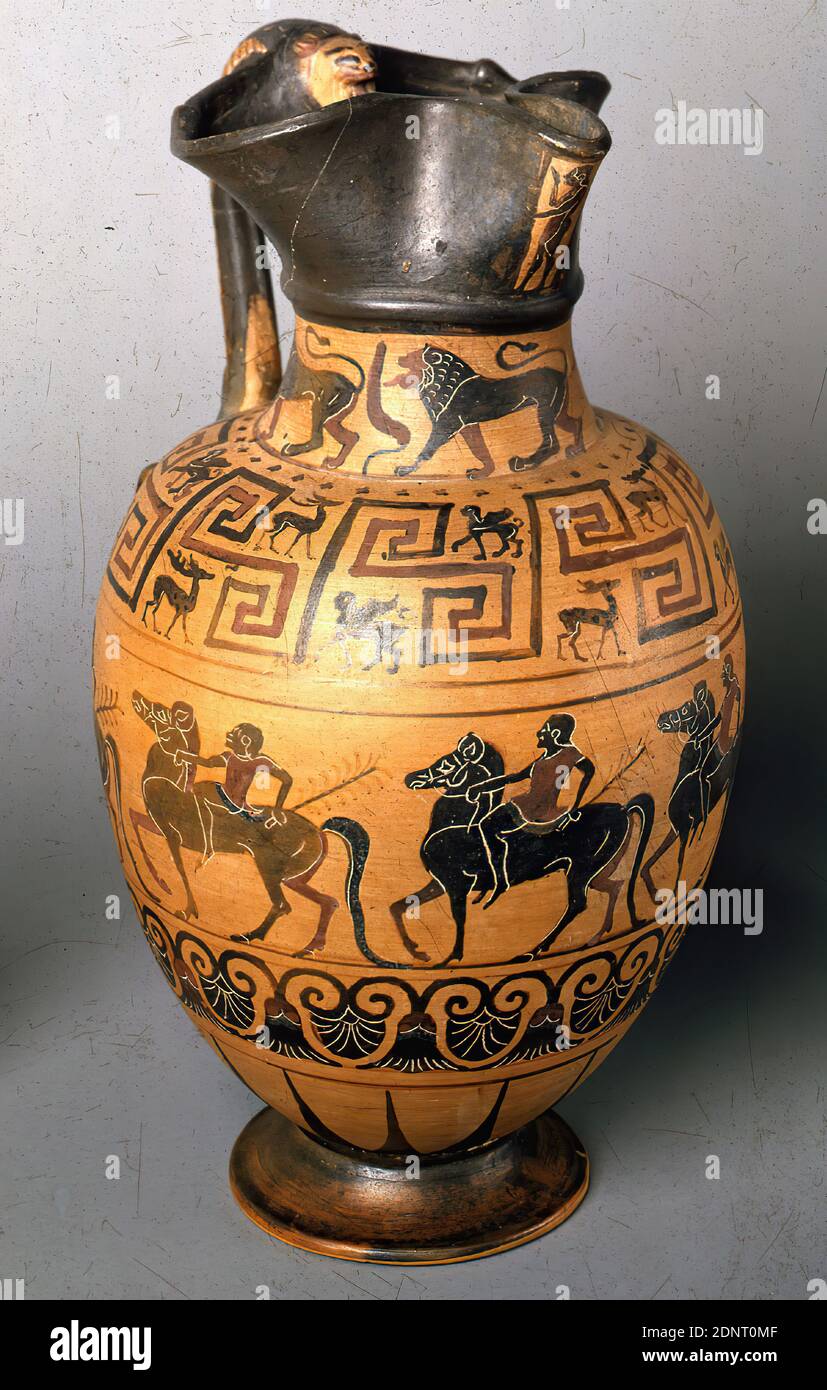 Pontische Oinochoe' Form I (rider train), clay, quickly turned, painted ( ceramic), alternately fired, clay, painted and fired, total: height: 27 cm;  diameter:  cm, ceramic, animals, cavalry, cavalry troops, lion  (predators), young