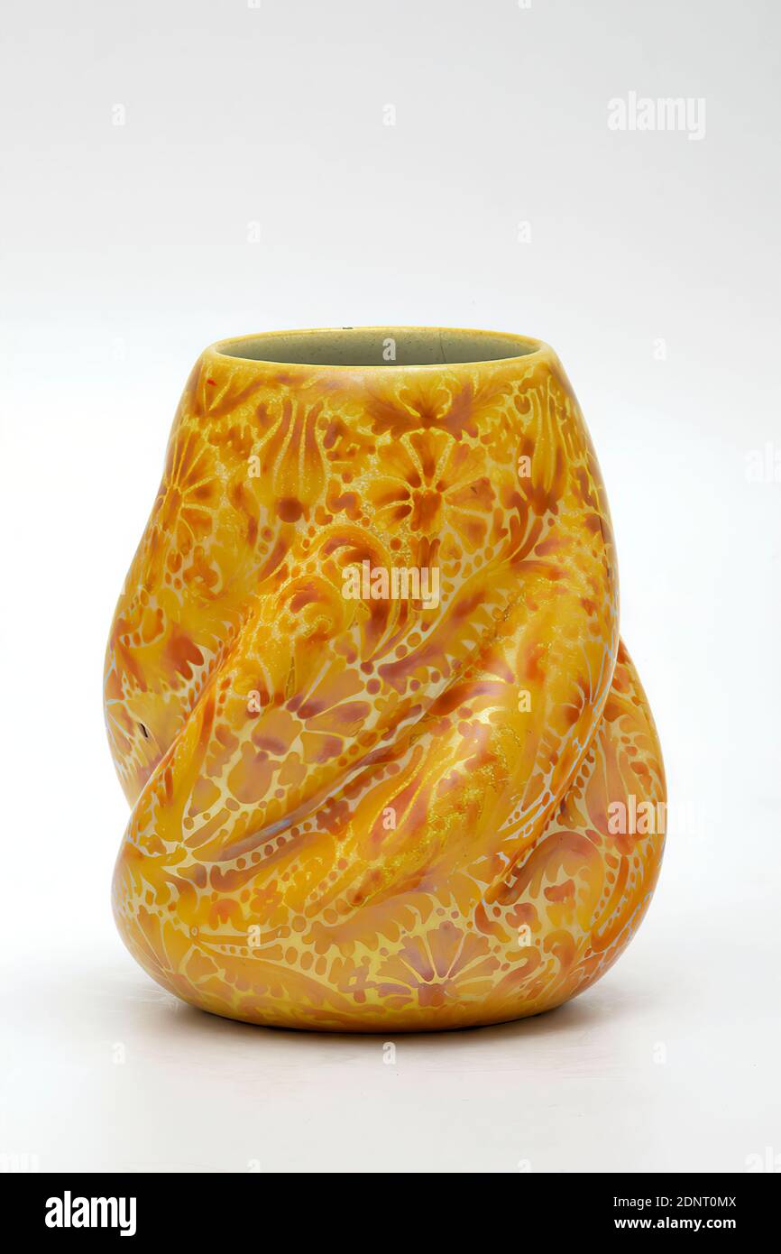 Clément Massier, vase, faience, underglazed decoration, glazed, total: height: 14,10 cm; diameter: 12,50 cm, monogrammed and dated: on the floor: painted in yellow on the glaze: C.M 1888, ornamental objects, floral ornaments, art nouveau Stock Photo