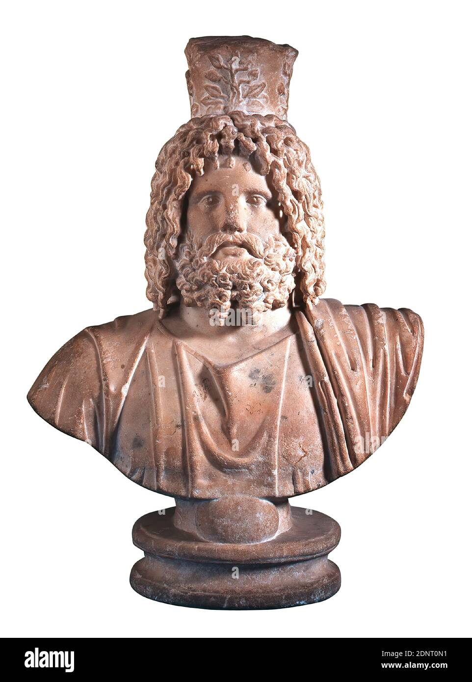 Bust of the god Sarapis, Marble, chiseled, Marble, chiseled, Total: Height: 48,50 cm; Width: 34,50 cm; Depth: 20,00 cm, Three-dimensional sculptures, Serapis, Egyptian gods, demigods, heroes, Middle Empire, Roman copy after a Greek original. Originally intended for a niche installation, this sculpture reproduces one of the most frequently copied works of antique sculpture in a bust cutout and in a strong reduction: The famous large cult statue in the Alexandrian sanctuary of Sarapis, dating from around 300 B.C. Stock Photo