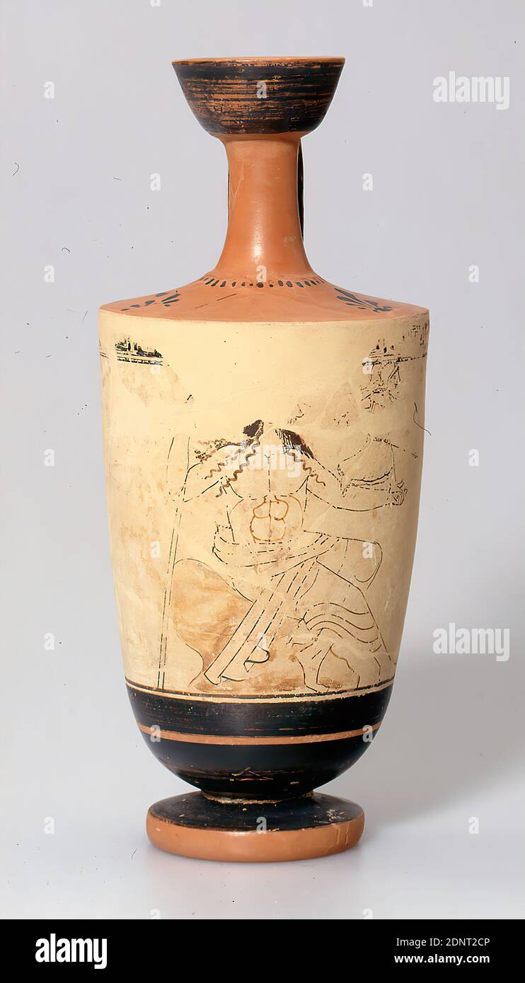 Lekythos (birth of Athena), clay, quickly turned, painted (ceramic), alternately fired, cold painting, clay, total: height: 17 cm; diameter: 7 cm; muzzle diameter: 3.7 cm; base diameter: 4.8 cm, Ceramics, Olympic gods, Birth of Minerva, Meander, Palmette (ornament), Strict style, In Greek antiquity, all vessels for ointment or perfume oils were called lekyths; today the term is used for this special type of vessel. Around 530/520 BC, the so-called white-ground technique was developed, which probably served to imitate more valuable materials such as marble, alabaster, ostrich eggs or ivory. Stock Photo