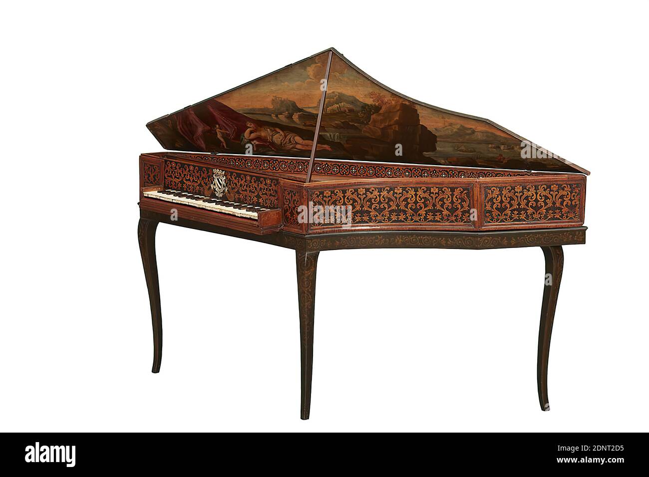 Domenico Cesare Borsari del Buonpetri, spinet, mother-of-pearl, ivory, horn, Total: length: 1610 mm (back); length: 909 mm (front); weight: 14 kg (instrument only); width: 490 mm, inscription: on the back of the endpapered board: D. Cesar Domini Sari q:m Petri sibi hoc fecit A.D. MDCXVIII, Venetiae, Keyboard Instruments, History of Ariadne, Baroque, The spinet with its triangular base in characteristic form is the second oldest surviving instrument of this type of construction. This type became famous in the 17th century. Stock Photo