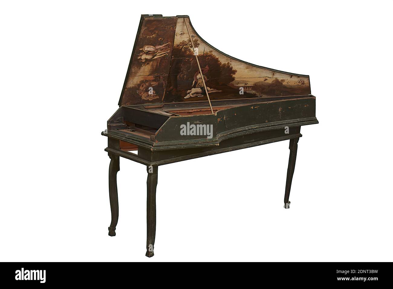 Harpsichord, Conifer, Wood, Total: Length: 2054 mm; Width: 815 mm; Height: 209 mm; Weight: 18,5 kg, unmarked, Keyboard instruments, Classical Mythology/Antique History, Venus and Cupido, Baroque Stock Photo