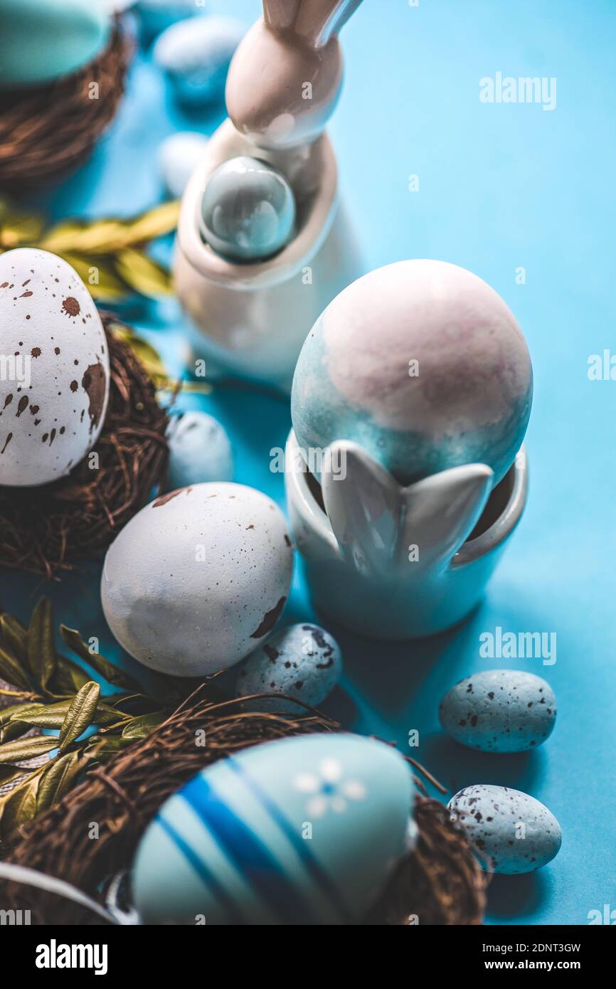 Easter bunny and Painted Easter eggs in bird's nests Stock Photo