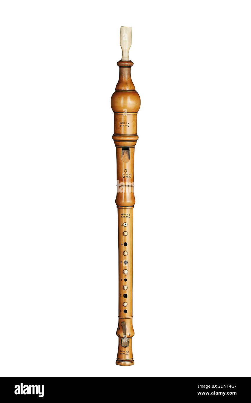 John Parker, English Flageolet, boxwood, total (mouthpiece: 40 mm; top part: 36 mm; wind cap: 68 mm; head piece: 82 mm; foot piece: 196 mm; total length: 422 mm; sounding length: 266 mm): Length: 422 mm (total length); Length: 266 mm (sounding length), Stamp engraving: on all four parts of the instrument: Parker, London, once with the addition C, wind instruments Stock Photo