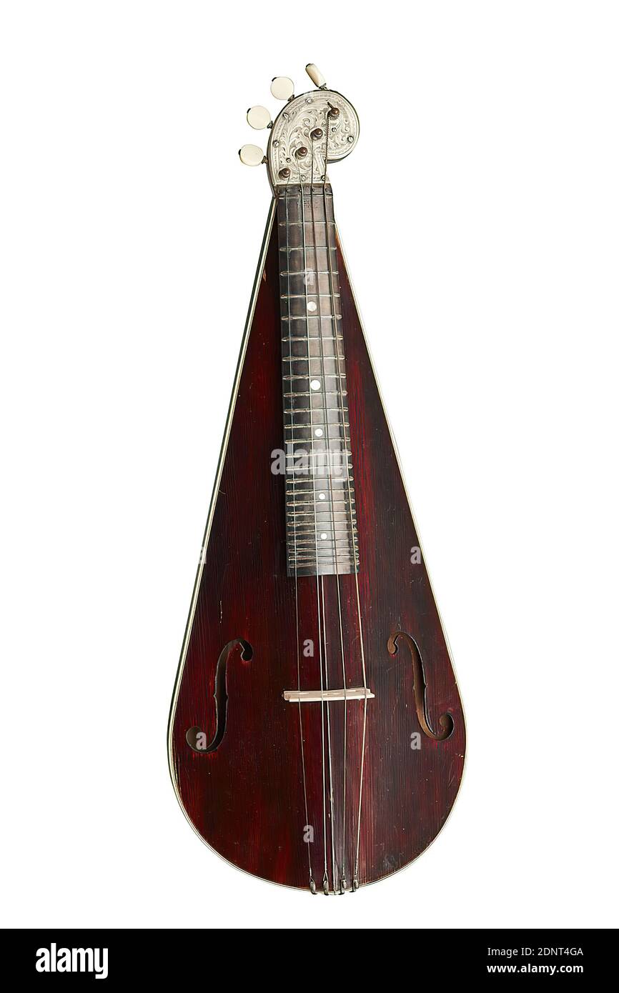 Johannes Pugh, violinett (string zither), spruce, total: length: 537 mm (total length); sounding string length: 226 mm; width: 205 mm (max. body width); height: 70 mm (max. rib height), stamp engraving: fingerboard: J. Pugh, Altona a.E.; label: Violinett No. 290 D.R.P.154 296 (sic!);D.R.G.M. 216 555, Pat. in Austria and Great Britain, Johannes Pugh, Altona a.E., stringed instruments Stock Photo