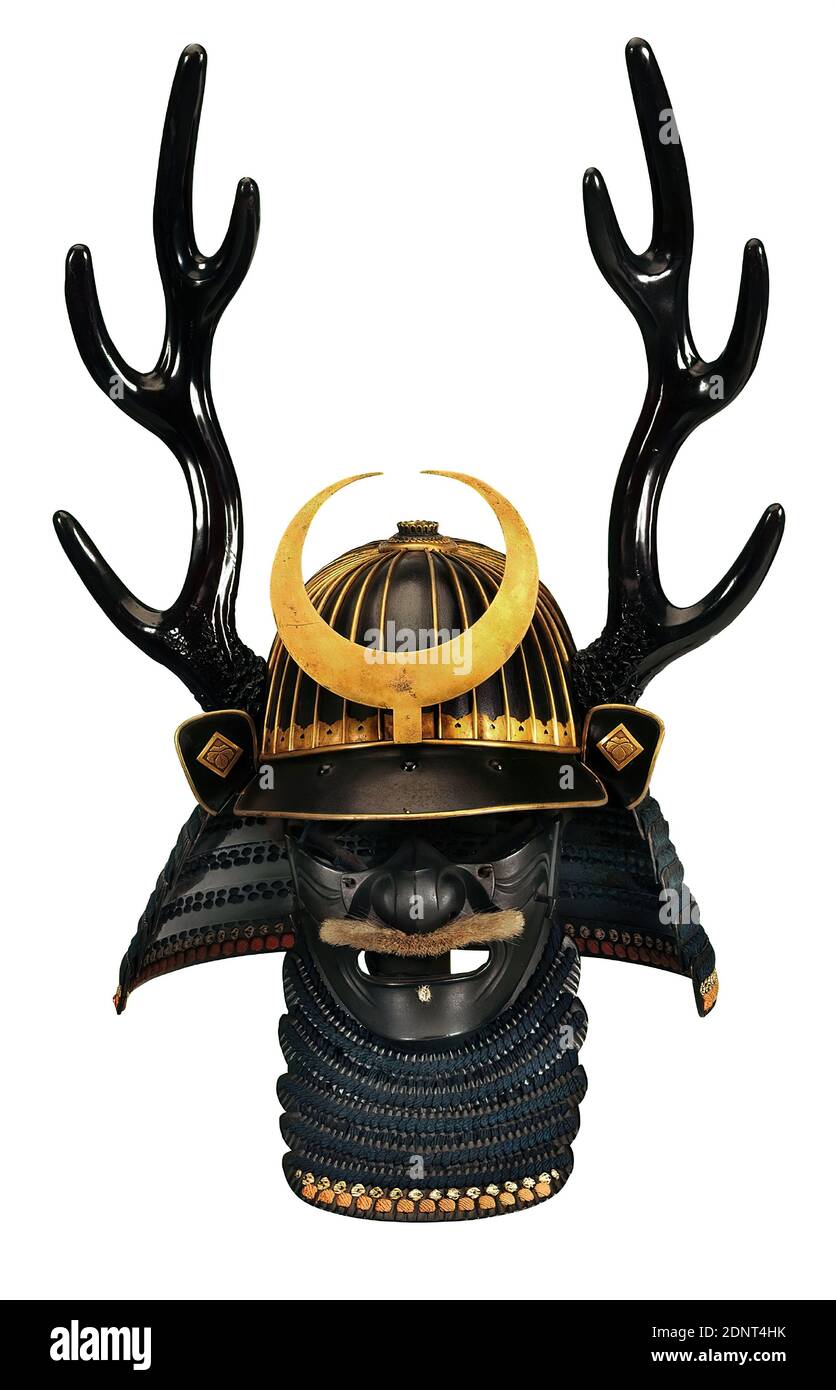 Helmet with deer antlers and crescent moon, neck guard and half mask, Iron, Lacquer, Gold plated, Total: Height: 50,20 cm; Width: 40,80 cm, Armor (warfare/military), Deer, Edo period, This helmet is worn by a feudal lord (daimyō) In Shintoism the stag is considered a holy animal and is said to protect the wearer of the helmet. The life of the warlike feudal lords is exactly defined. They must spend one year in the capital Edo, today's Tokyo, and one year in their fiefdom. The number of samurai they may employ is limited Stock Photo