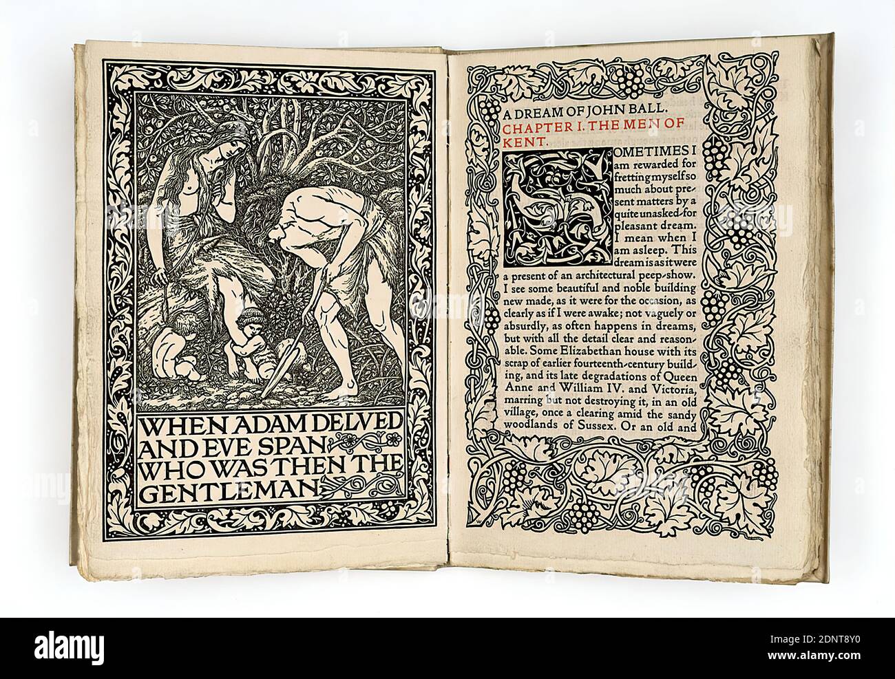 Kelmscott Press, Edward Burne-Jones, William Morris: A Dream of John Ball, paper, parchment, letterpress, wood engraving, Total: Height: 20 cm; Width: 14.5 cm, Printmaking, Prints, Adam and Eve at work, Childhood of Cain and Abel, Art Nouveau, A Dream of John Ball, this socially critical narrative by William Morris, which takes its motif from the English peasant revolts of the 14th century. It was published in 1892 by the Kelmscott Press as the sixth book of this hand press. The book design was in the hands of William Morris, who designed the floral frame borders and initials. Stock Photo