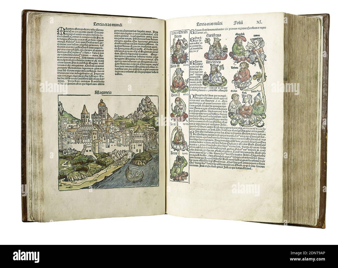 Anton Koberger, Wilhelm Pleydenwurff, Hartmann Schedel, Michael Wolgemut, Schedel's World Chronicle, paper, woodcut, Total: Height: 44,00 cm; Width: 32,00 cm; Depth: 8,50 cm, printed matter, town, city view (veduta), city maps, Renaissance, A highlight in book illustration on the threshold between the Middle Ages and modern times is the so-called Schedel's World Chronicle. The Nuremberg city physician and humanist Hartmann Schedel published a Latin and a German edition of his chronicle in 1493. Stock Photo