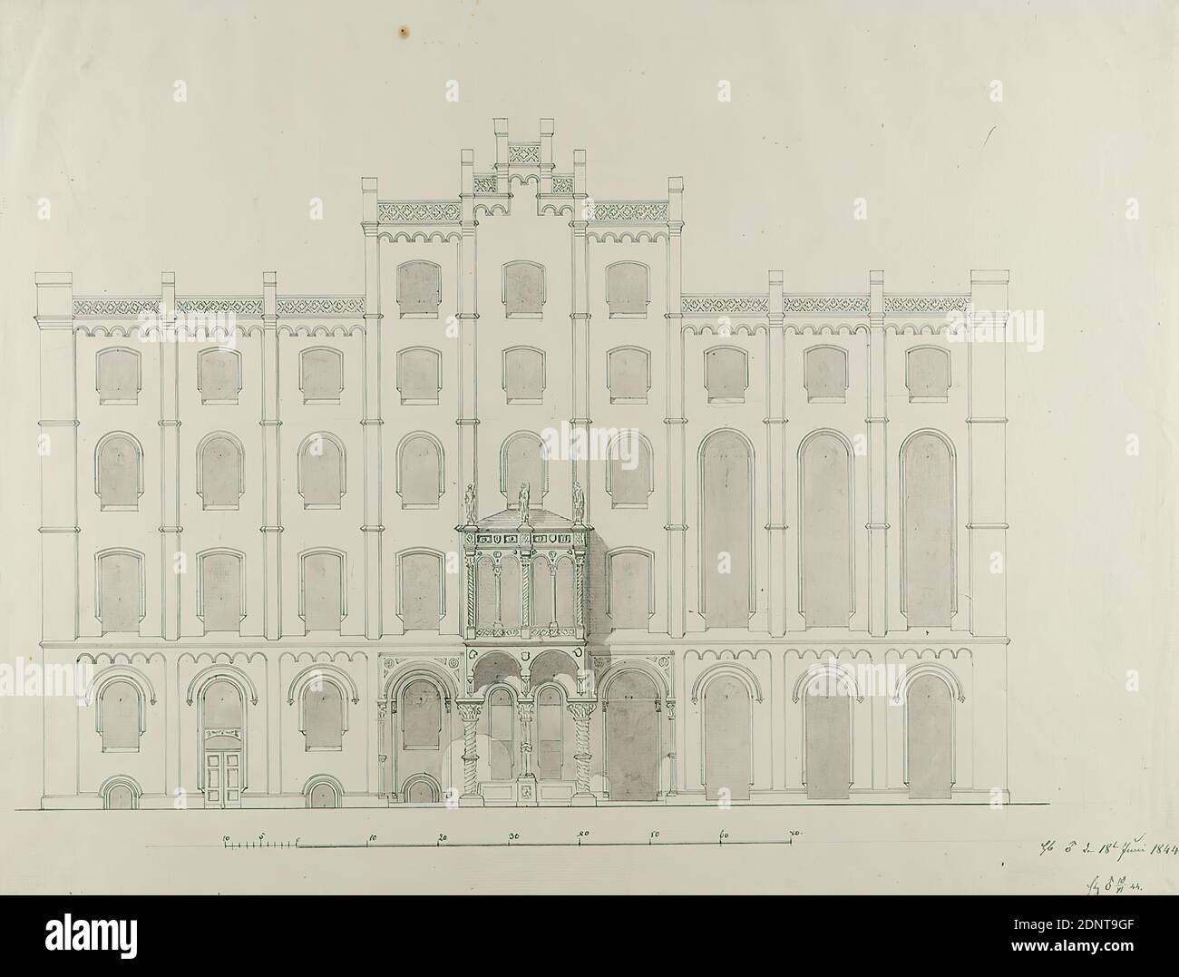 Theodor Bülau, Building of the Patriotic Society, Hamburg. 3. facade design, pen, ink, paper, pen-and-ink drawing, washed, sheet size: height: 30.2 cm; width: 39.7 cm, inscribed and dated: recto: in ink: ed. ♂ [Marssymbol] the 18th of June 1844, ed. ♂ [Marssymbol] 18/VI. 44, design drawings, public building, department store, draft, plan of a building, architecture, profane architecture, facade, house, building Stock Photo