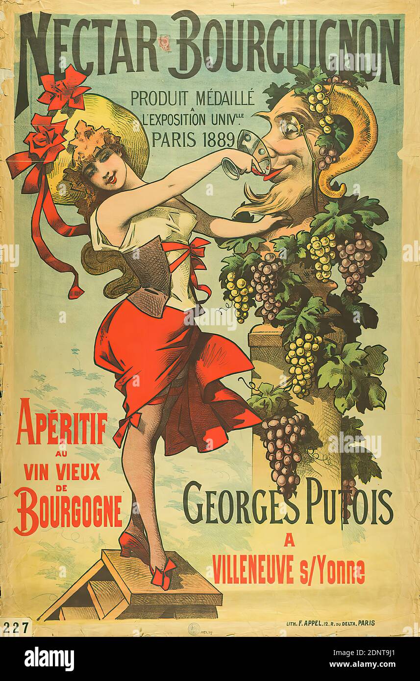 Alfred Choubrac, F. Appel, Nectar Bourguignon, paper, lithography, total: height: 149,5 cm; width: 99 cm, product and business advertising (posters), alcoholic beverages, vine, woman, femininity, wine Stock Photo