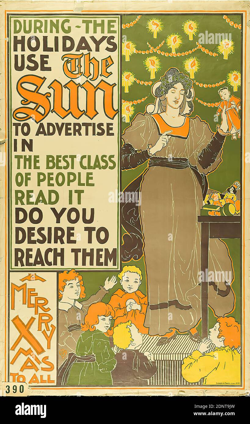 Louis John Rhead, Liebler & Maass, The Sun, paper, lithography, total: height: 127 cm; width: 79,5 cm, monogrammed: lower left in printing form: J.L.R, product advertising (posters), newspapers, magazines, Christmas (non-liturgical), Christmas tree, children, doll, gifts, art nouveau Stock Photo