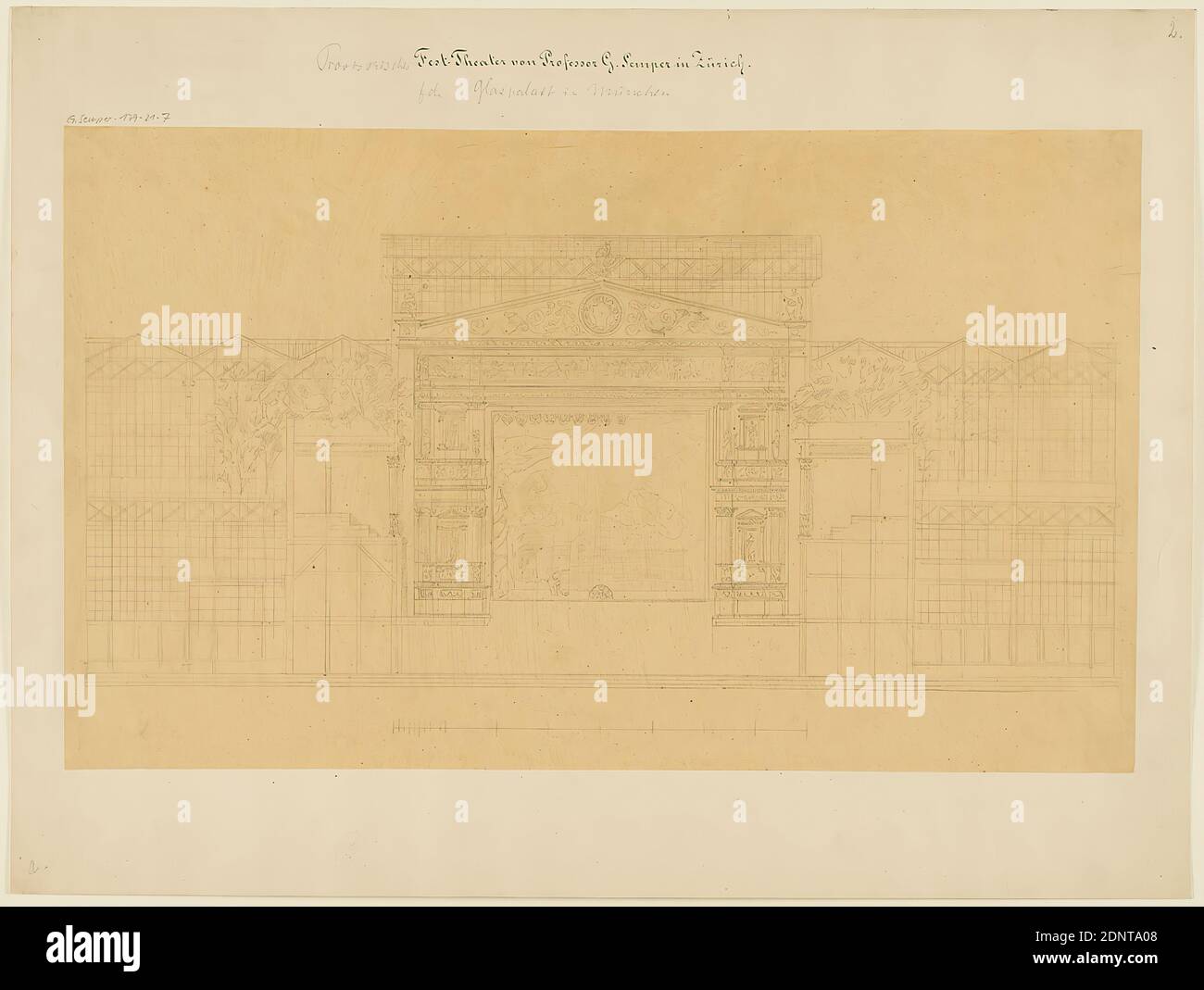 Gottfried Semper, design for the provisional Richard Wagner Festival Theater in the Glaspalast, Munich (Project A). Cross-section through the auditorium with view to the stage, tracing paper, drawing, sheet size: height: 34.8 cm; width: 58.3 cm, inscription: recto on the cardboard: in ink: Provisorisches [added in lead] Fest-Theater by Professor G. Semper in Zurich, in lead: f. d. Glaspalast in Munich, G. Semper 179-21-7, a, 2nd, design drawings, cut through an architecture, opera house, stage design, stage set, architecture, architectural drawing or model Stock Photo