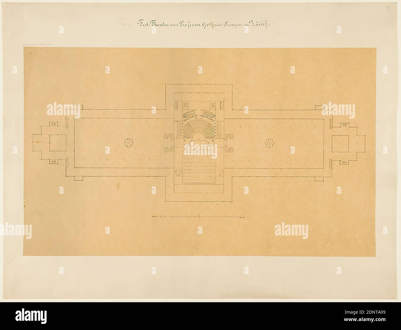 Gottfried Semper, design for the provisional Richard Wagner Festival Theater in the Glaspalast, Munich (Project A). Floor plan, tracing paper, drawing, sheet size: height: 34 cm; width: 57.5 cm, inscribed: recto on the cardboard: in ink: Prov. [in lead added] Festival Theater of Professor G. Semper in Zurich, in lead: G. Semper 179-21-3, draft drawings, design, plan of a building, opera house, architecture, architectural drawing or model Stock Photo