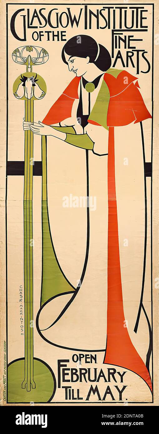 Carter & Pratt, Charles Rennie Mackintosh, Glasgow Institute of the Fine Arts, paper, lithography, total: height: 221,00 cm; width: 87,00 cm, signed: u. li. in print in vertical direction: CHAS. R. MACKINTOSH, monogrammed: lower right in print: YM, exhibition posters, standing figure, plants, vegetation, woman, jacket, cloak, cape, art nouveau Stock Photo