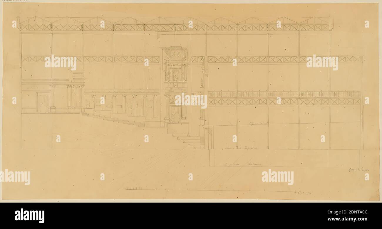 Gottfried Semper, longitudinal section. Design for the Richard-Wagner-Festspielhaus in the Glass Palace in Munich, Project C, tracing paper, drawing, sheet size: height: 35.7 cm; width: 68.6 cm, signed: recto: in lead: Gottfried Semper, inscribed: recto on the cardboard: in ink: Prov. [added in lead] Festival Theater of Professor Gottfried Semper in Zurich, in lead: Glass Palace, G. Semper 179-21-9, 11, design drawings, cut through an architecture, opera house, architecture, architectural drawing or model Stock Photo