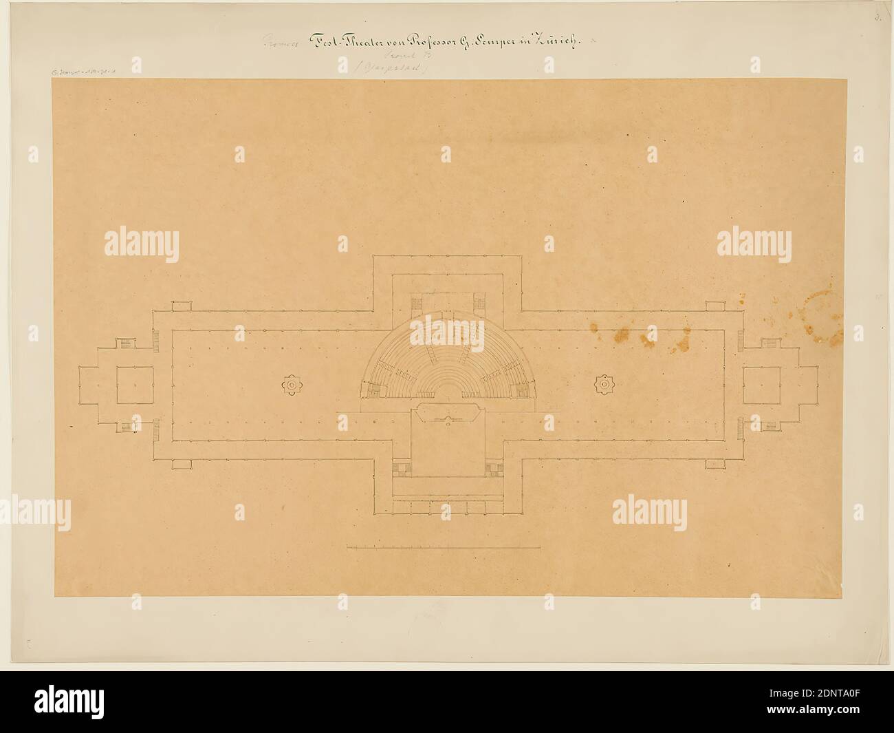Gottfried Semper, design for the provisional Richard Wagner Festival Theater in the Glaspalast, Munich (Project B). Floor plan, tracing paper, drawing, sheet size: height: 37.8 cm; width: 57.5 cm, signed: recto: in lead: Gottfried Semper, inscribed: recto on the cardboard: in ink: Provisor. [added in lead] Festival Theater of Professor Gottfried Semper in Zurich, in lead: Project B, f. Glaspalast, G. Semper 179-21-1, 3, stamp: recto on the cardboard: draft drawings, design, plan of a building, opera house, architecture, architectural drawing or model Stock Photo