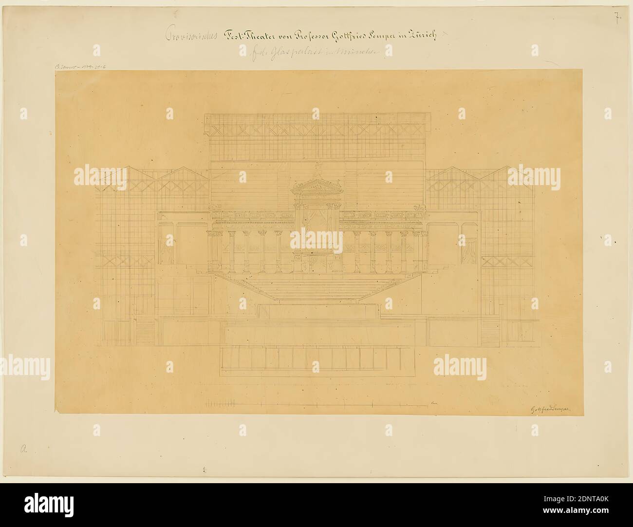 Gottfried Semper, design for the provisional Richard Wagner Festival Theater in the Glaspalast, Munich (Project A). Floor plan of the auditorium. Cross-section, tracing paper, drawing, sheet size: height: 35.3 cm; width: 54.4 cm, signed: recto: in lead: Gottfried Semper, inscribed: recto on the cardboard: in ink: Provisorisches [added in lead] Fest-Theater by Professor Gottfried Semper in Zurich, in lead: f. d. Glaspalast in Munich, G. Semper 179-21-6, 7, a, design drawings, section through an architecture, opera house, architecture, architectural drawing or model Stock Photo