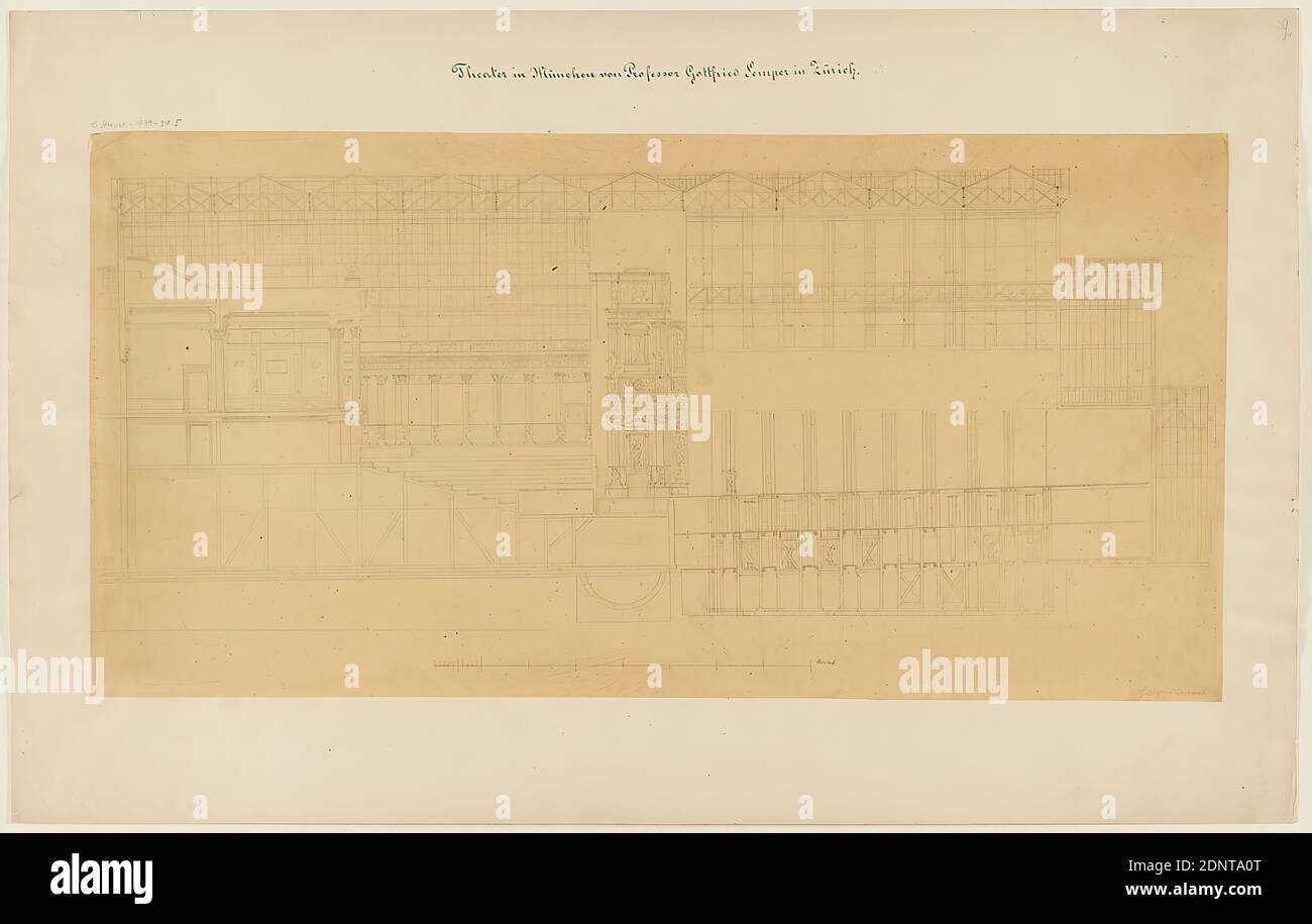Gottfried Semper, design for the provisional Richard Wagner Festival Theater in the Glaspalast, Munich (Project A). Floor plan of the auditorium. Longitudinal section, tracing paper, drawing, sheet size: height: 34.2 cm; width: 68.3 cm, signed: recto: in lead: Gottfried Semper, inscribed: recto on the cardboard: in ink: Theater in Munich by Professor Gottfried Semper in Zurich, in lead: G. Semper 179-21-5, 9, a, draft drawings, cut through an architecture, opera house, architecture, architectural drawing or model, draft, plan of a building Stock Photo