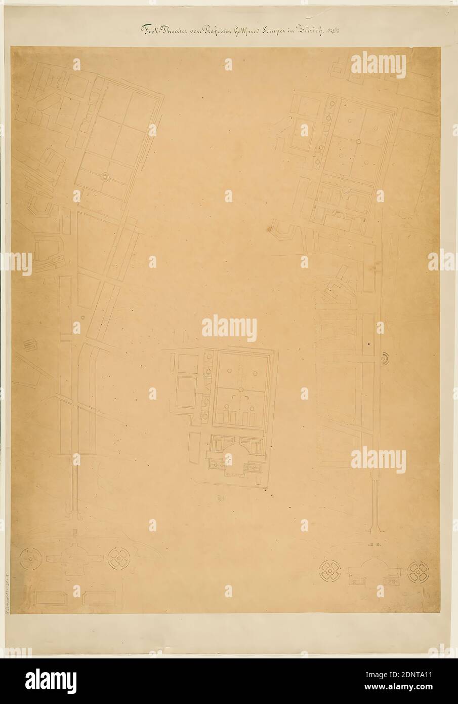 Gottfried Semper, site plan for the Richard-Wagner-Festspielhaus in the Glaspalast in Munich (Residenz-Isar), tracing paper, drawing, pen-and-ink drawing, sheet size: height: 71.8 cm; width: 54.4 cm, inscribed: recto on the cardboard: in ink: Fest-Theater by Professor Gottfried Semper in Zurich, in lead: G. Semper 180-21-1, draft drawings, design, plan of a building, opera house, architecture, architectural drawing or model Stock Photo