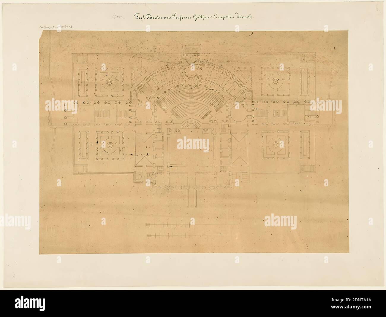 Gottfried Semper, preliminary design for the Richard-Wagner-Festspielhaus, Munich. Floor plan, tracing paper, drawing, sheet size: height: 38 cm; width: 52.5 cm, inscribed: recto on the cardboard: in ink: Fest-Theater of Professor Gottfried Semper in Zurich, in lead: G. Semper 180-21-3, 6, j, draft drawings, design, plan of a building, opera house, architecture, architectural drawing or model Stock Photo