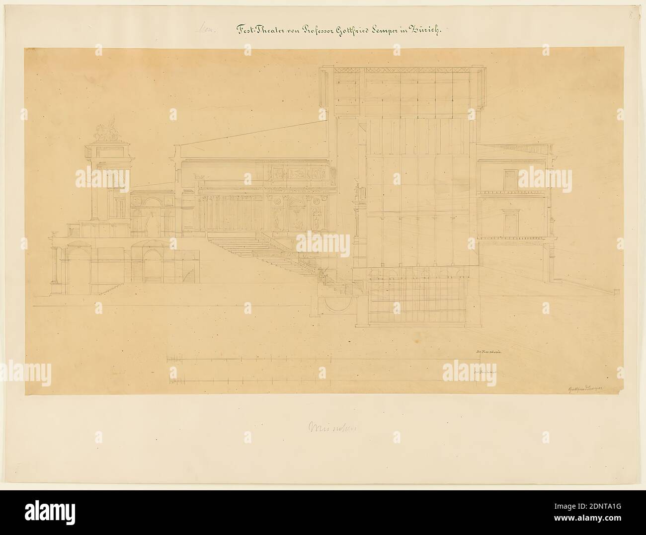 Gottfried Semper, preliminary design for the Richard-Wagner-Festspielhaus, Munich. Longitudinal section, tracing paper, drawing, sheet size: height: 35 cm; width: 60,3 cm, signed: recto: in lead: Gottfried Semper, inscribed: recto on the cardboard: in ink: Mon. [added in lead] Festival Theater of Professor Gottfried Semper in Zurich, in lead: 8, F, design drawings, cut through an architecture, opera house, architecture, architectural drawing or model Stock Photo