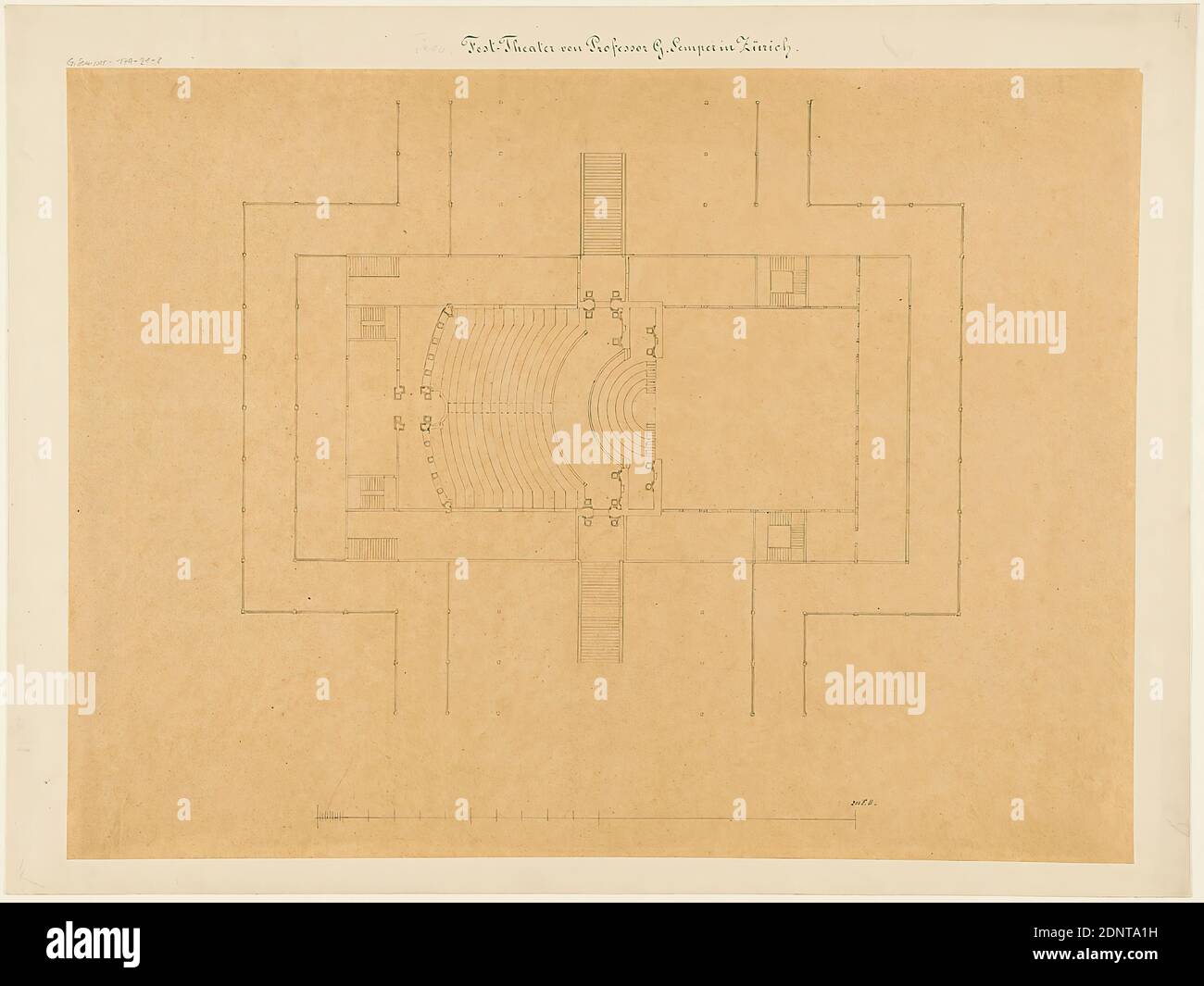 Gottfried Semper, floor plan. Design for the provisional Richard Wagner Festival Theater in the Glass Palace, Munich (Project C), transparent paper, drawing, sheet size: height: 42.7 cm; width: 57.7 cm, inscribed: recto on the cardboard: in ink: Prov. [added in lead] Festival Theater of Professor Gottfried Semper in Zurich, in lead: G. Semper 179-21-8, b, design drawings, draft, plan of a building, opera house, architecture, architectural drawing or model Stock Photo