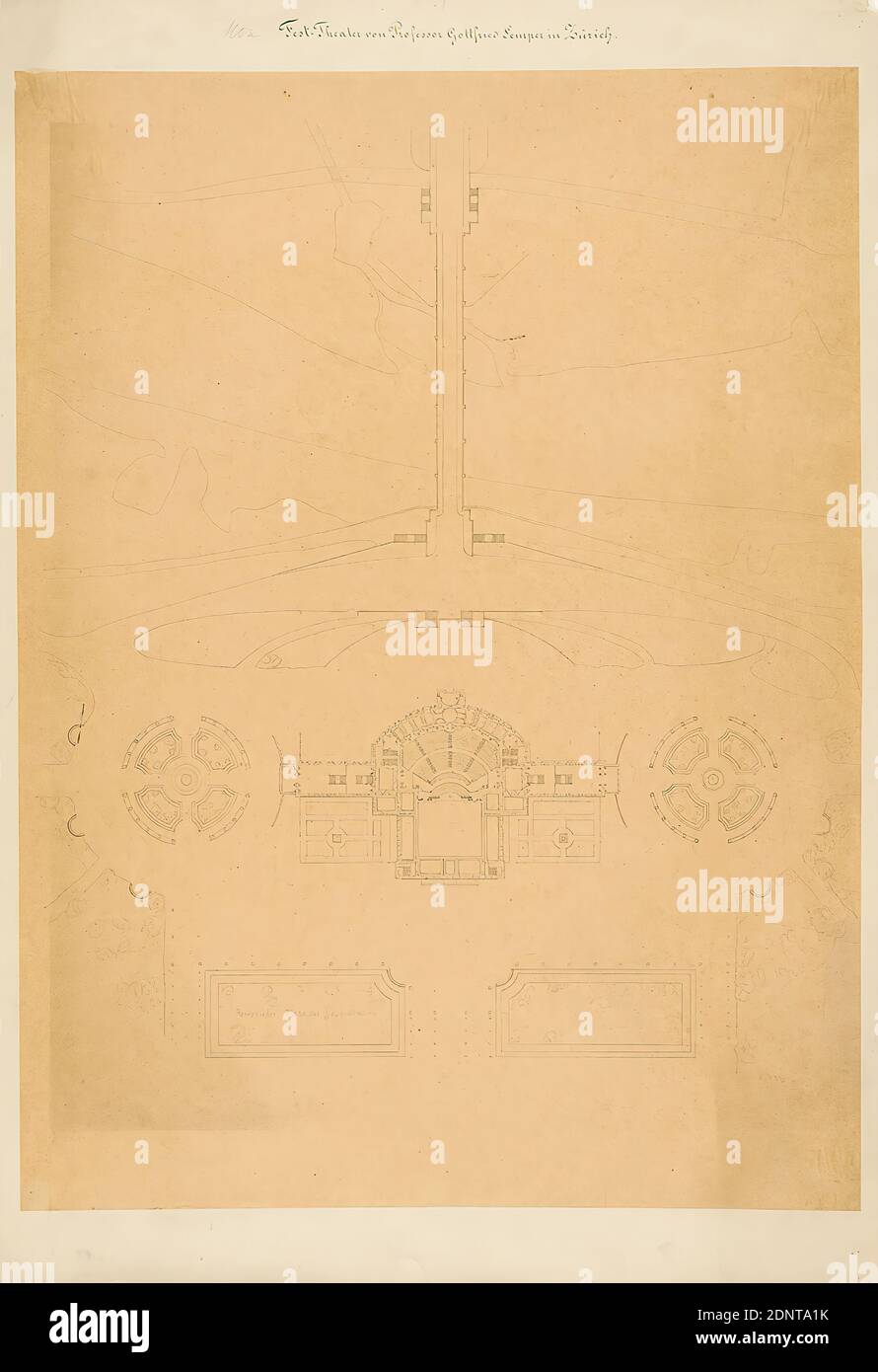 Gottfried Semper, site plan for the Richard Wagner Festival Theater in the Glass Palace in Munich (Isar Bridge), tracing paper, drawing, pen-and-ink drawing, sheet size: height: 72.2 cm; width: 53.5 cm, inscribed: recto on the cardboard: in ink: Fest-Theater by Professor Gottfried Semper in Zurich, draft drawings, sketch, plan of a building, opera house, architecture, architectural drawing or model Stock Photo