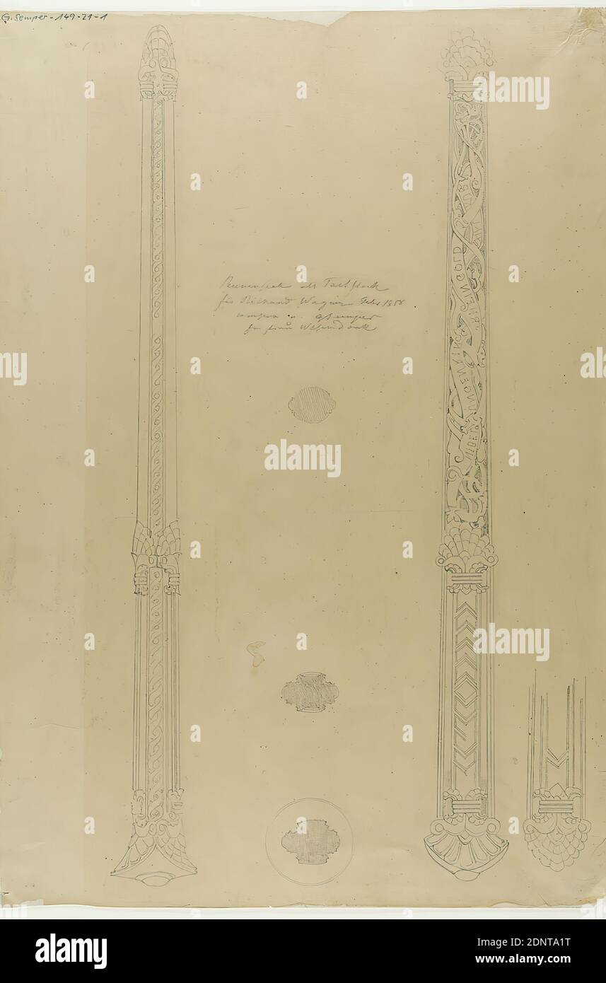 Gottfried Semper, Award of the baton for Richard Wagner. Teardown and side view with cross sections, tracing paper, drawing, sheet size: height: 38.7 cm; width: 26.5 cm, signed, dated and inscribed: recto: in lead: rune staff as baton, for Richard Wagner Febr. 1858, componiert v. G. Semper, for Frau Wesendonck, inscription: recto: on the baton: NIBELUNGEN, RHEINGOLD, WALKÜRE [mirror-inverted], inscribed: recto: in lead: G. Semper 149-21-1, design drawings, making music, conductor Stock Photo