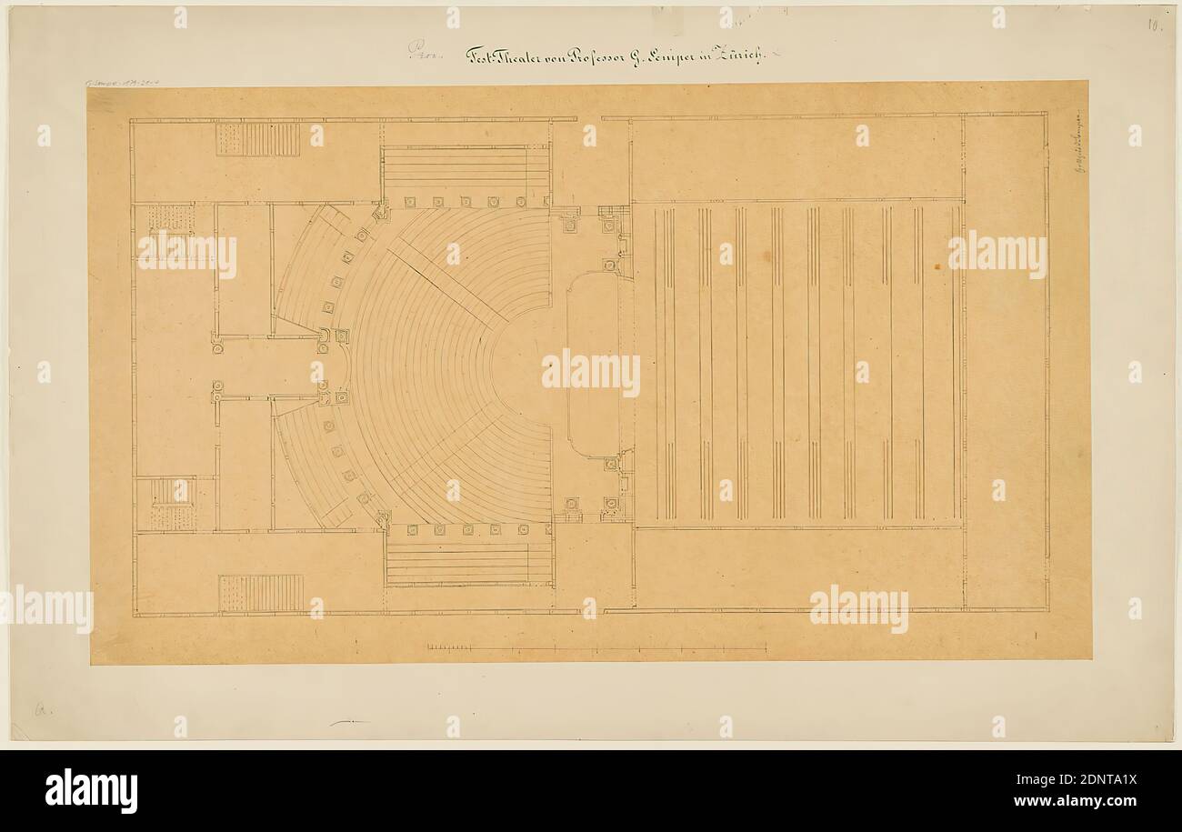 Gottfried Semper, design for the provisional Richard Wagner Festival Theater in the Glaspalast, Munich (Project A). Floor plan of the auditorium, tracing paper, drawing, sheet size: height: 34 cm; width: 57.5 cm, inscribed: recto on the cardboard: in ink: Prov. [in lead added] Festival Theater by Professor G. Semper in Zurich, in lead: G. Semper 179-21-4, 10, a, design drawings, draft, plan of a building, opera house, architecture, architectural drawing or model Stock Photo