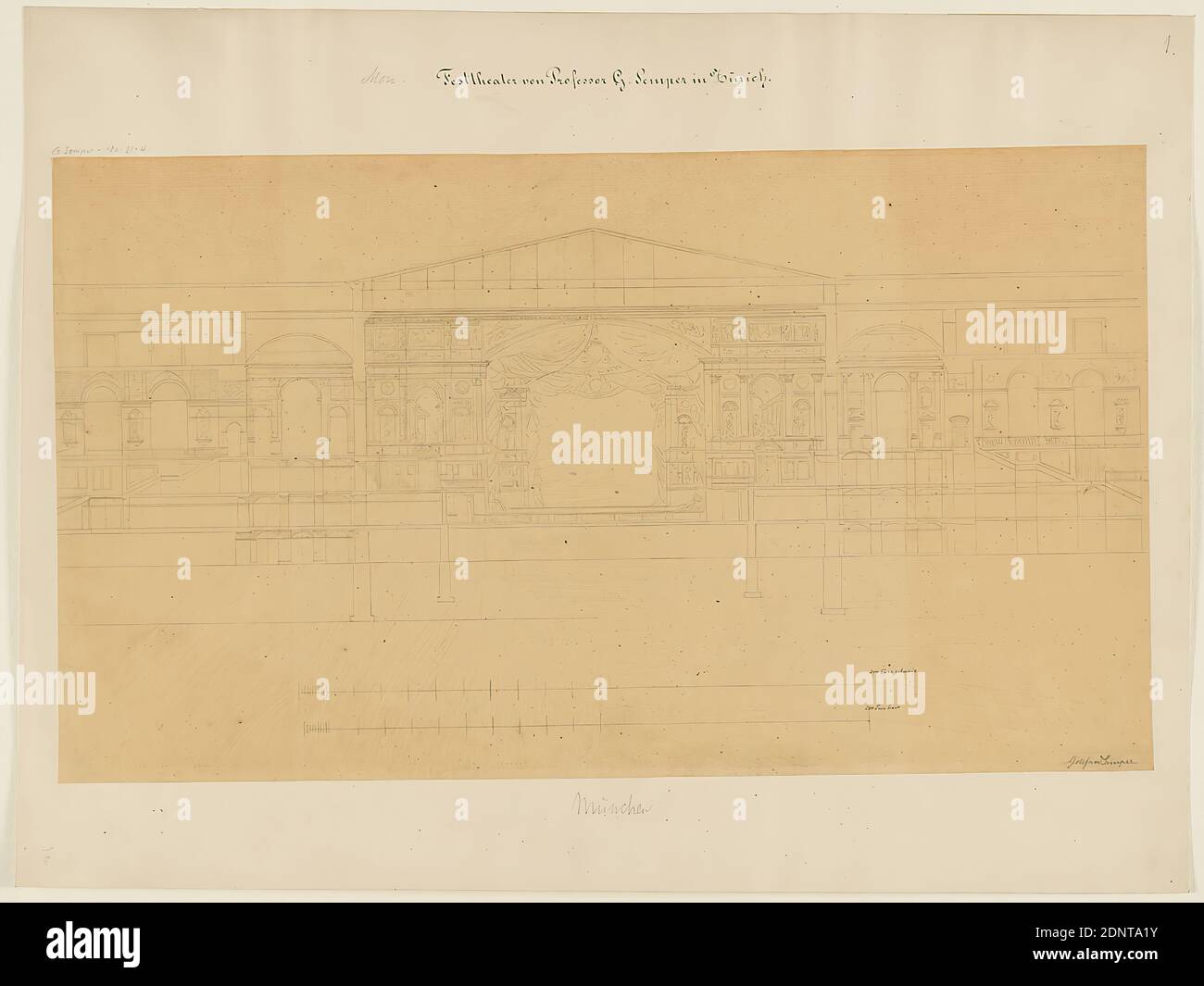 Gottfried Semper, preliminary design for the Richard-Wagner-Festspielhaus, Munich. Cross-section through the auditorium, tracing paper, drawing, sheet size: height: 35 cm; width: 60 cm, signed, in lead: Gottfried Semper, inscribed: recto on the cardboard: in ink: Mon. [added in lead] Festival Theater of Professor Gottfried Semper in Zurich, in lead: G. Semper 180-21-4, 1, Munich, F, design drawings, cut through an architecture, opera house, architecture, architectural drawing or model Stock Photo