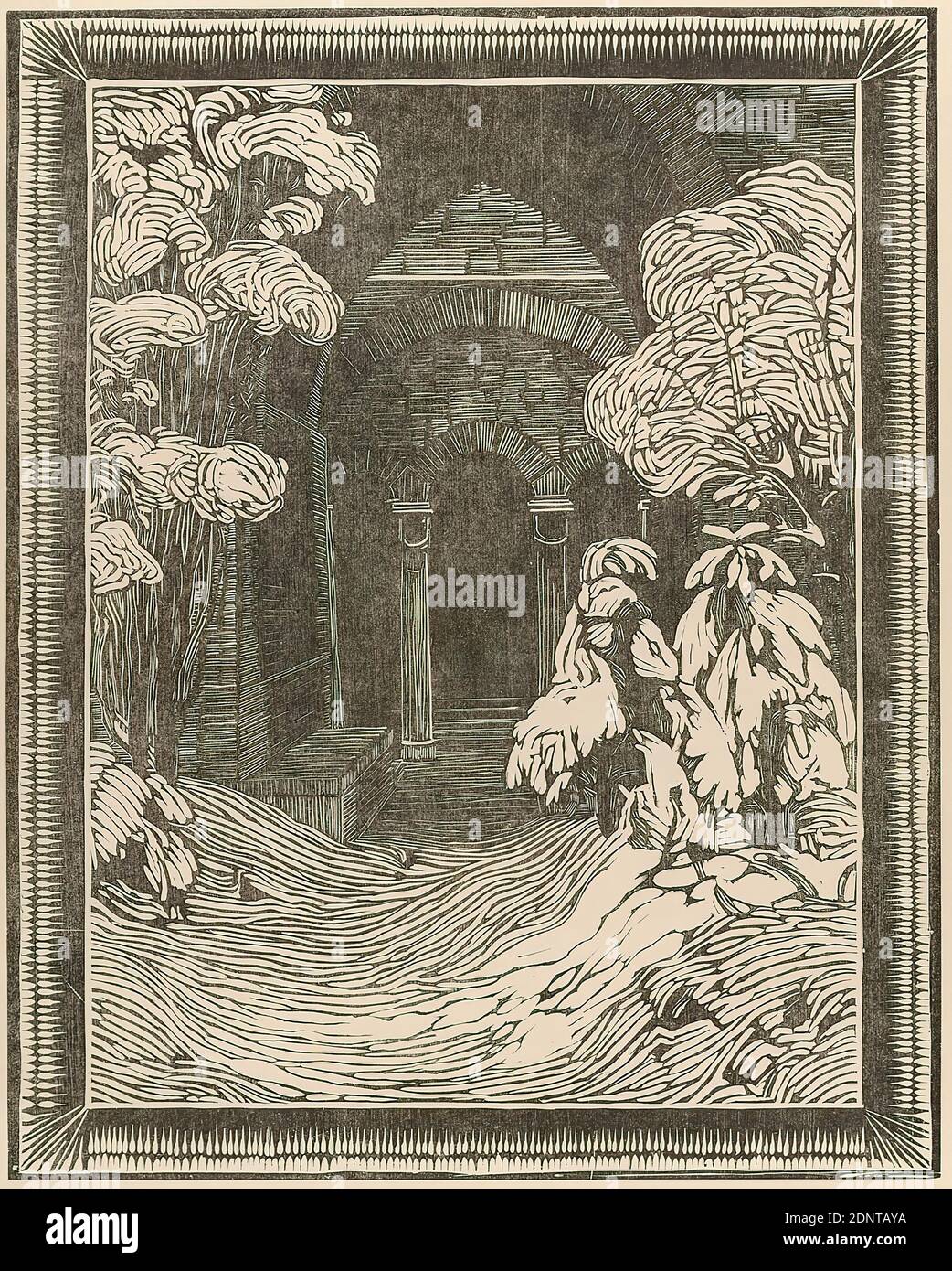 C. F. Winter'sche Buchdruckerei, Peter Behrens, Winter Landscape, Japanese paper, woodcut, woodcut on simile Japanese paper, sheet size: height: 47.7 cm; width: 31.7 cm, inscribed: recto u.: by someone else: Peter Behrens, Winter Landscape. Pan Bd V n S 240, illustrations, prints, printed matter, landscapes (temperate zone), architecture, portal (church building), exterior of a church, art nouveau Stock Photo