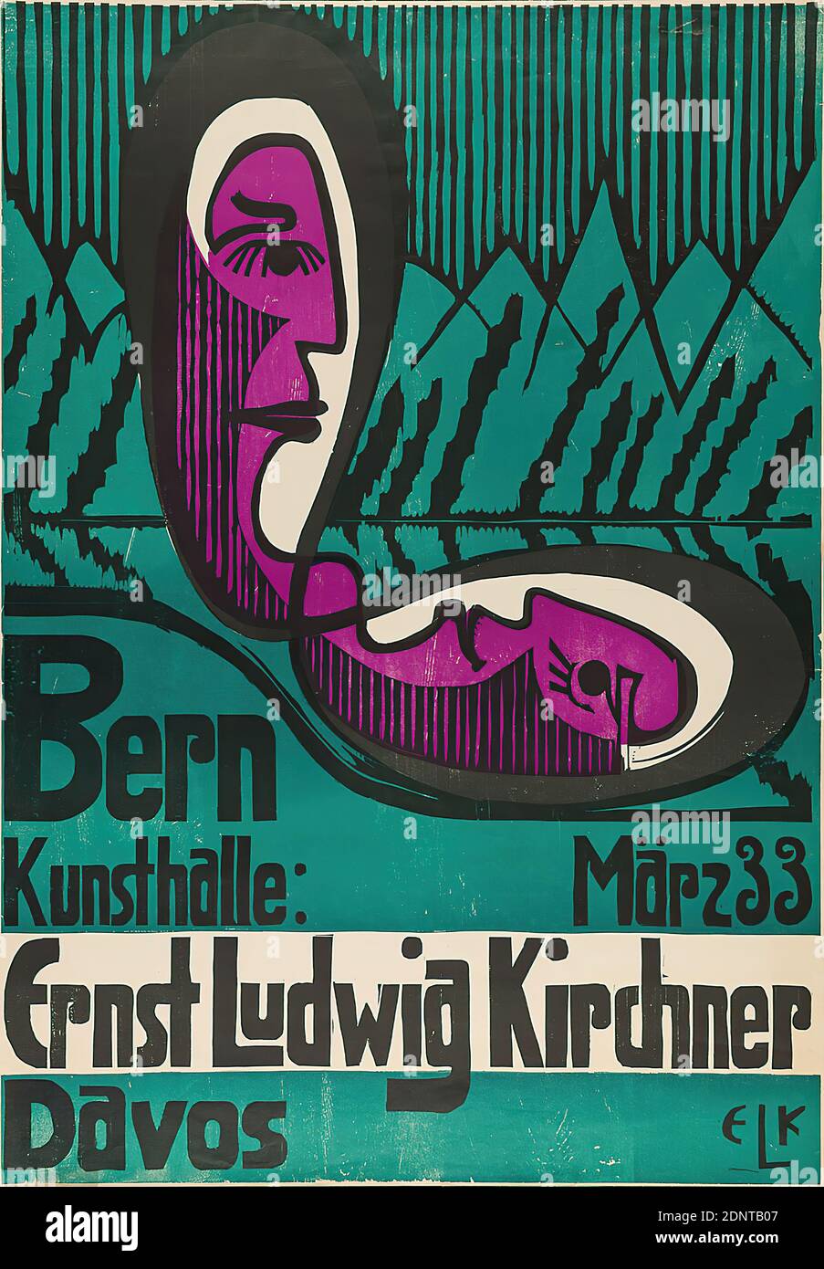 Ernst Ludwig Kirchner, Kunsthalle Bern: Ernst Ludwig Kirchner - Davos, paper, linocut, total: height: 100 cm; width: 70 cm, monogrammed: recto u. r. im Druck: ELK, in lead: Cohn, 1948, exhibition posters, artist posters, art exhibition, head, face, green, expressionism Stock Photo