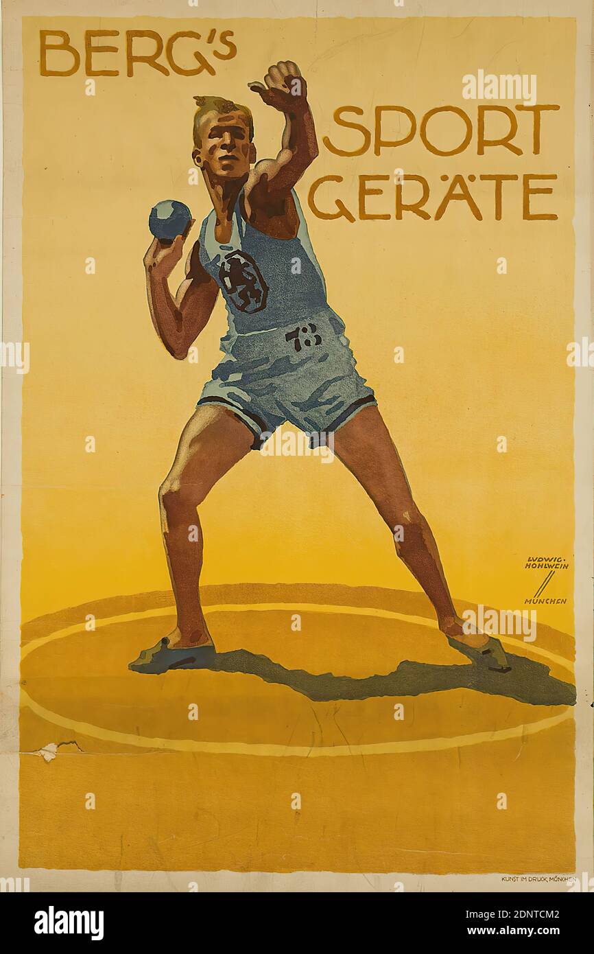 Kunst im Druck, Ludwig Hohlwein, Berg's Sportgeräte, paper, lithography, total: height: 48.5 cm; width: 32.1 cm, signed: recto re. in print: LUDWIG HOHLWEIN, MUNICH, product advertising (posters), sports, games, man Stock Photo