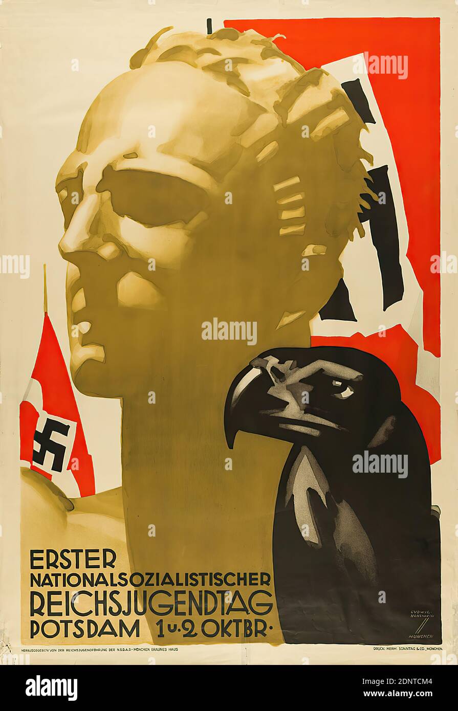 Ludwig Hohlwein, Hermann Sonntag & Co, First National Socialist Reich Youth Day, paper, offset lithography, total: height: 120 cm; width: 83.2 cm, signed: recto u. r. in print: LUDWIG HOHLWEIN, MUNICH, inscribed: below: PUBLISHED BY THE REICHSJUGENDFÜHführung der N.S.D.A.P.-MÜNCHEN BRAUNES HAUS und PRINT: HERM.SONNTAG & CO, MUNICH, event posters, propaganda posters, political propaganda, political parties Stock Photo