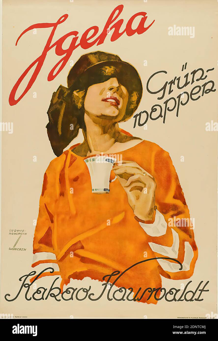 Aktiengesellschaft für Kunstdruck, Ludwig Hohlwein, Igeha Grünwappen Kakao Hauswaldt, paper, lithography, total: height: 76 cm; width: 52 cm, signed: recto u. li. in print: LUDWIG HOHLWEIN, MUNICH, product advertising (posters), chocolate Stock Photo