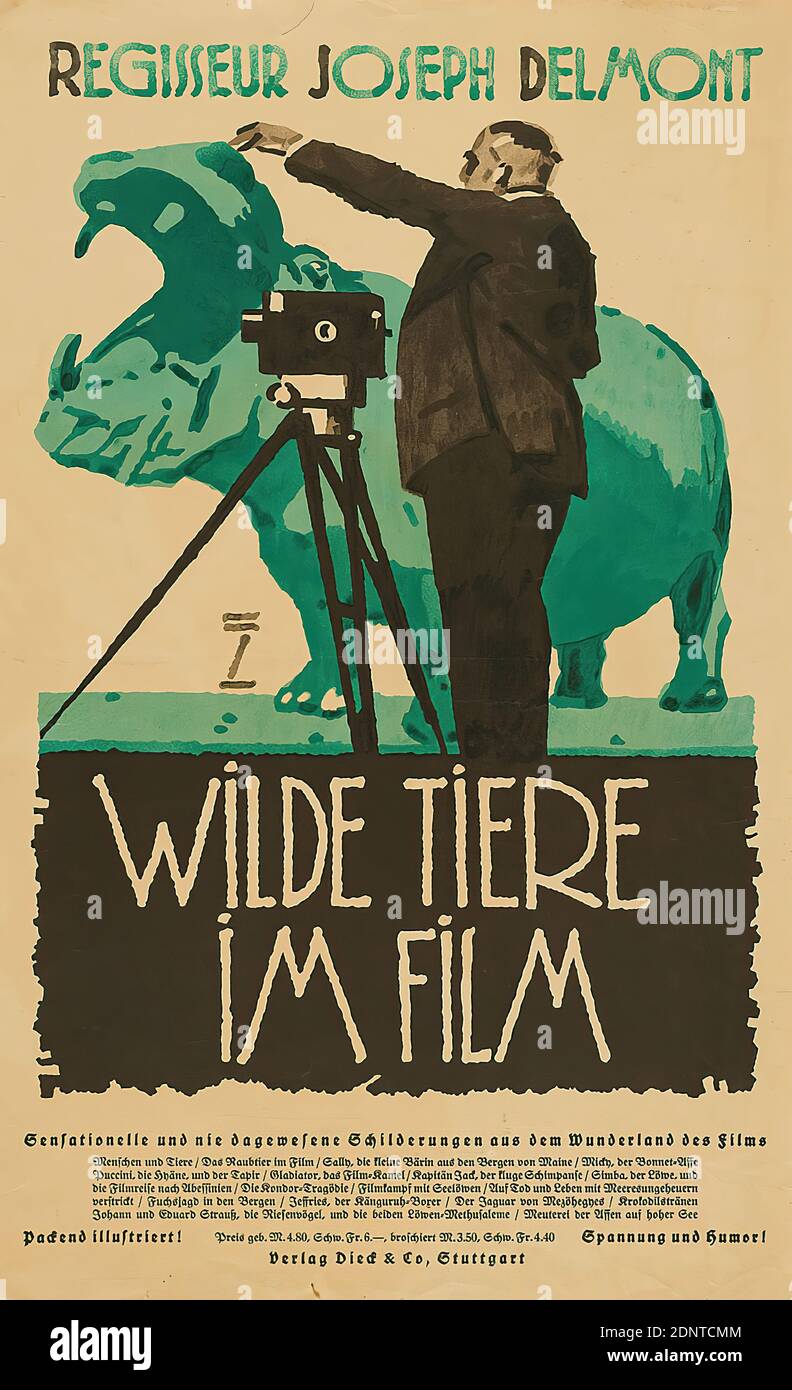 Ludwig Hohlwein, Dieck und Co, Wild animals in film, paper, lithography, total: height: 61 cm; width: 37,6 cm, signed: recto li. in print: =,   [Ludwig, Hohlwein, München], film posters, animals, hippo, film/film screening, camera (photography), film genres, cinematography, human and animal, man Stock Photo