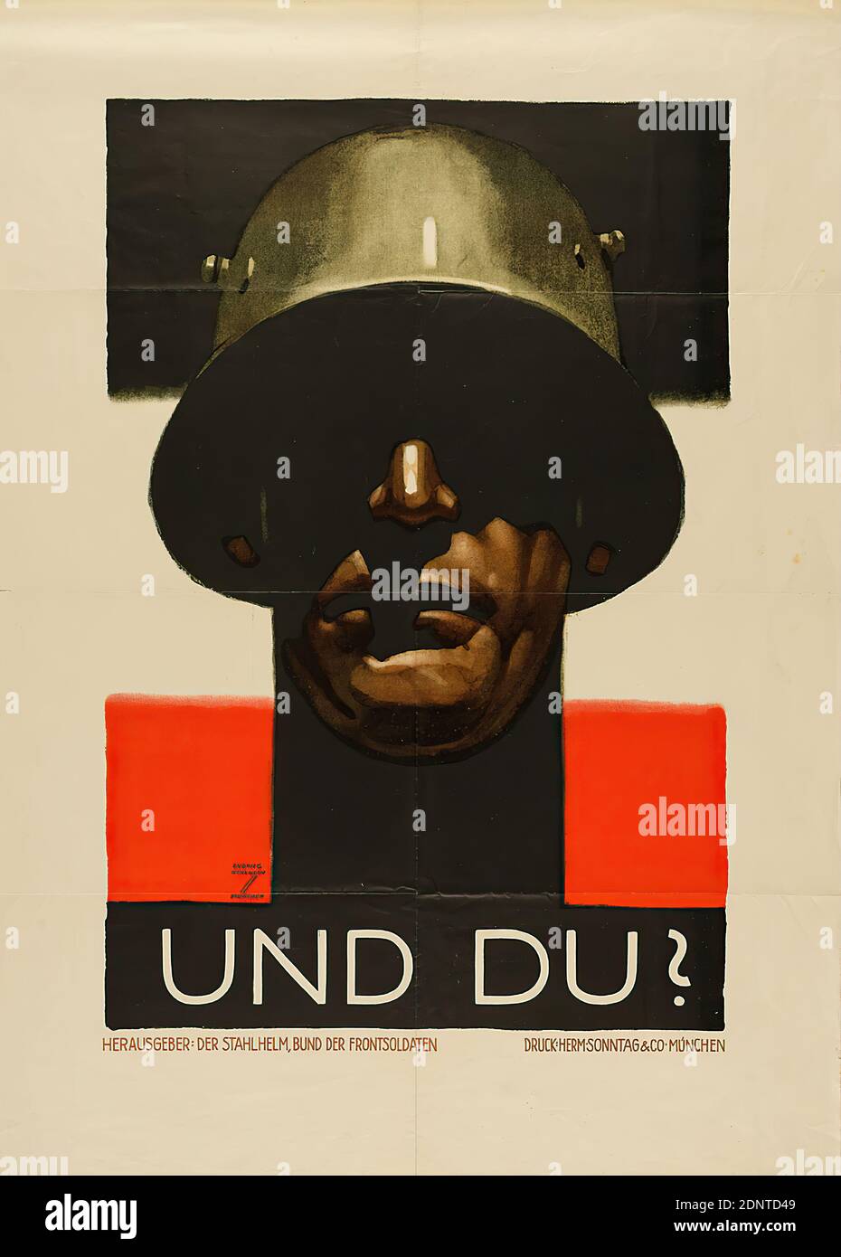 Ludwig Hohlwein, Hermann Sonntag & Co, Und Du?, paper, lithograph, total: height: 83,5 cm; width: 59,7 cm, signed: recto u. li. in print: LUDWIG HOHLWEIN, MUNICH, war posters, propaganda posters, warfare/military, defense, soldier, flag, color (state symbol Stock Photo