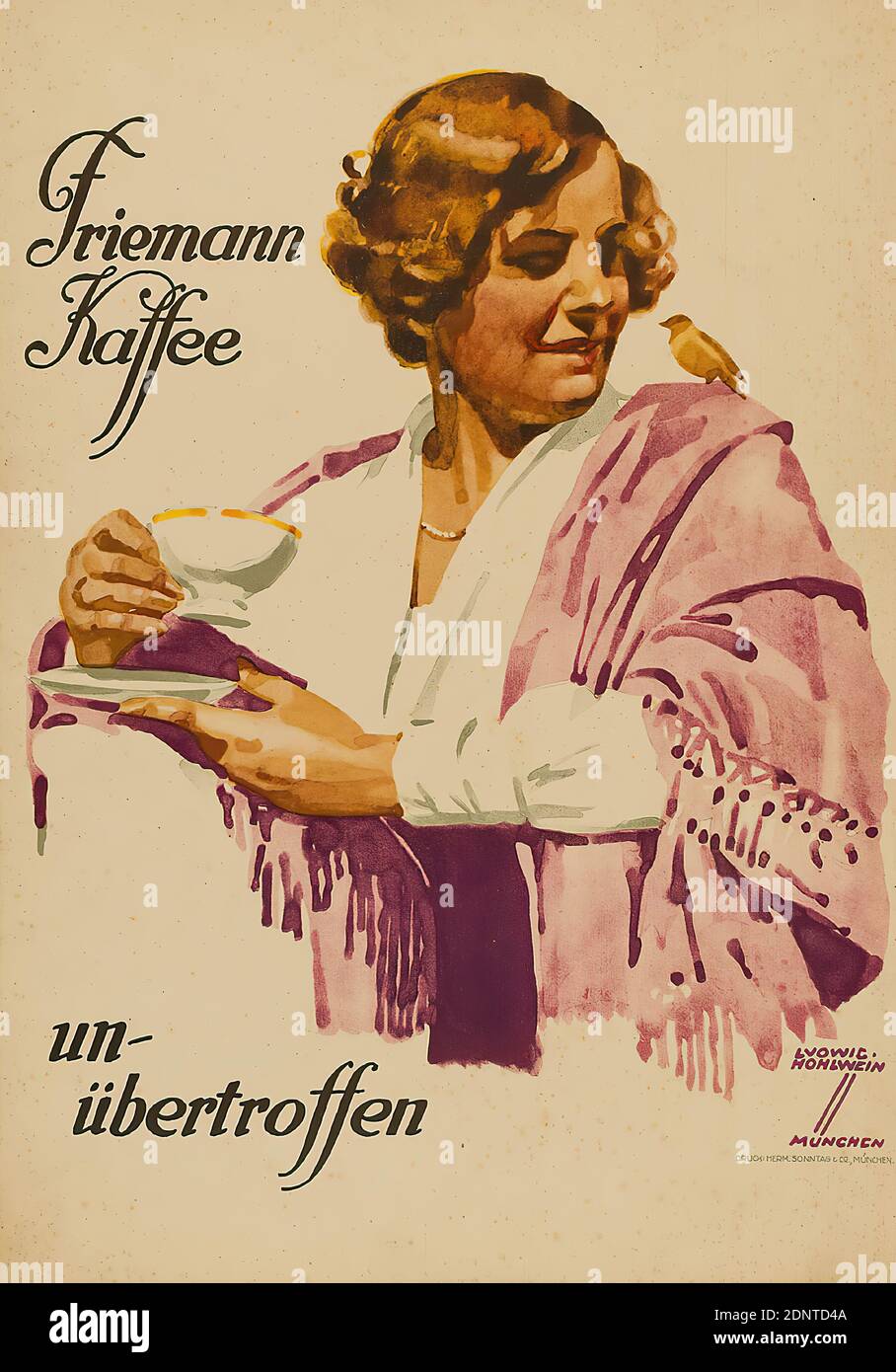 Ludwig Hohlwein, Hermann Sonntag & Co, Friemann Kaffee - unbeatable, paper, lithography, total: height: 56,5 cm; width: 39,5 cm, signed: recto u. r. im Druck: LUDWIG HOHLWEIN, MÜNCHEN, product advertising (posters), coffee, drinking, woman, joy, pleasure, enjoyment, birds, cup and saucer Stock Photo