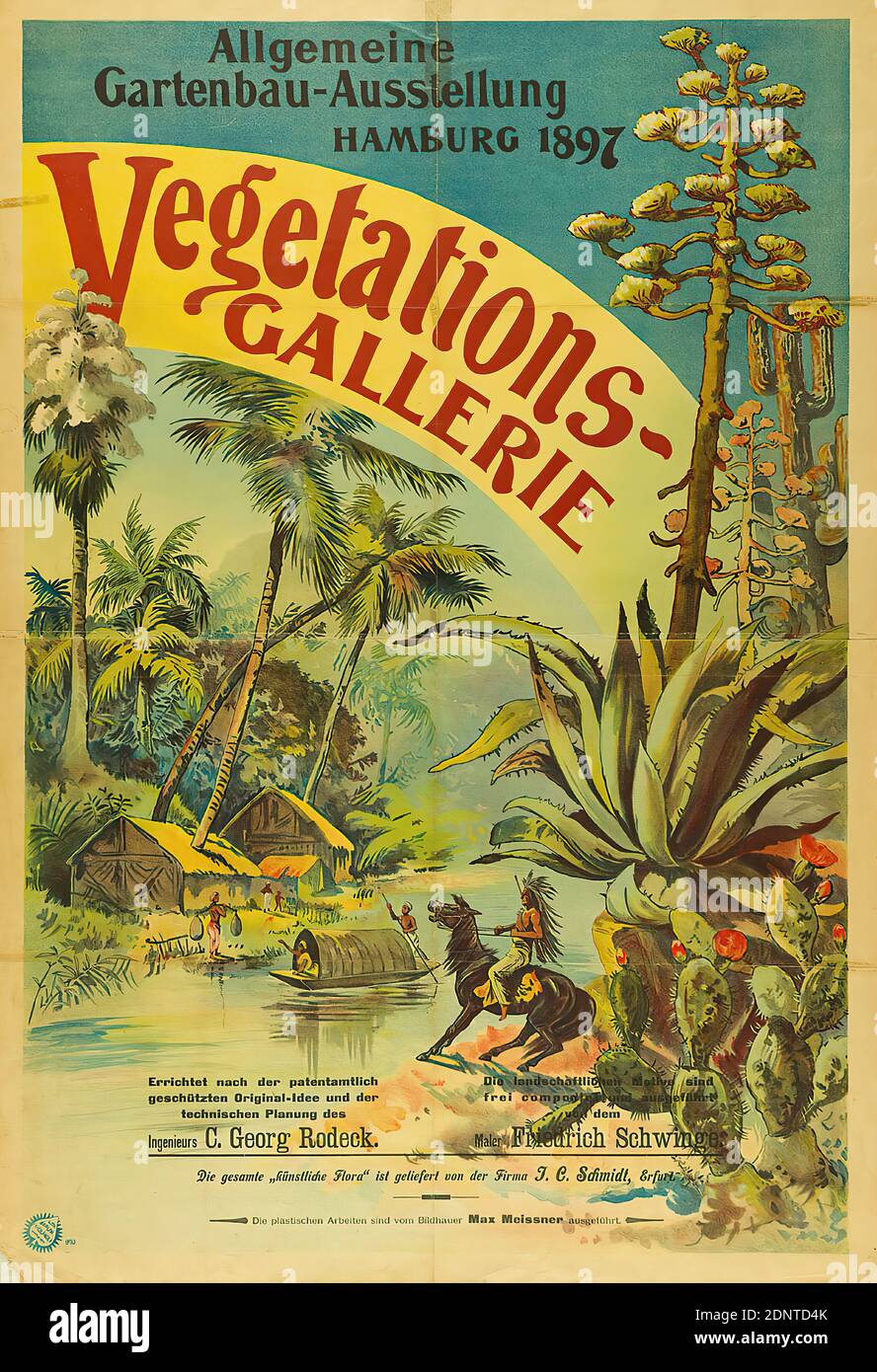 Friedrich Schwinge, Adolph Friedländer, Vegetation Gallery. General horticulture exhibition 1897, paper, lithography, total: height: 124,5 cm; width: 84,5 cm, event posters, exhibition posters, trade fairs/exhibitions, landscape with plants, exotic landscapes (non-tempered zone), river, plants, vegetation Stock Photo