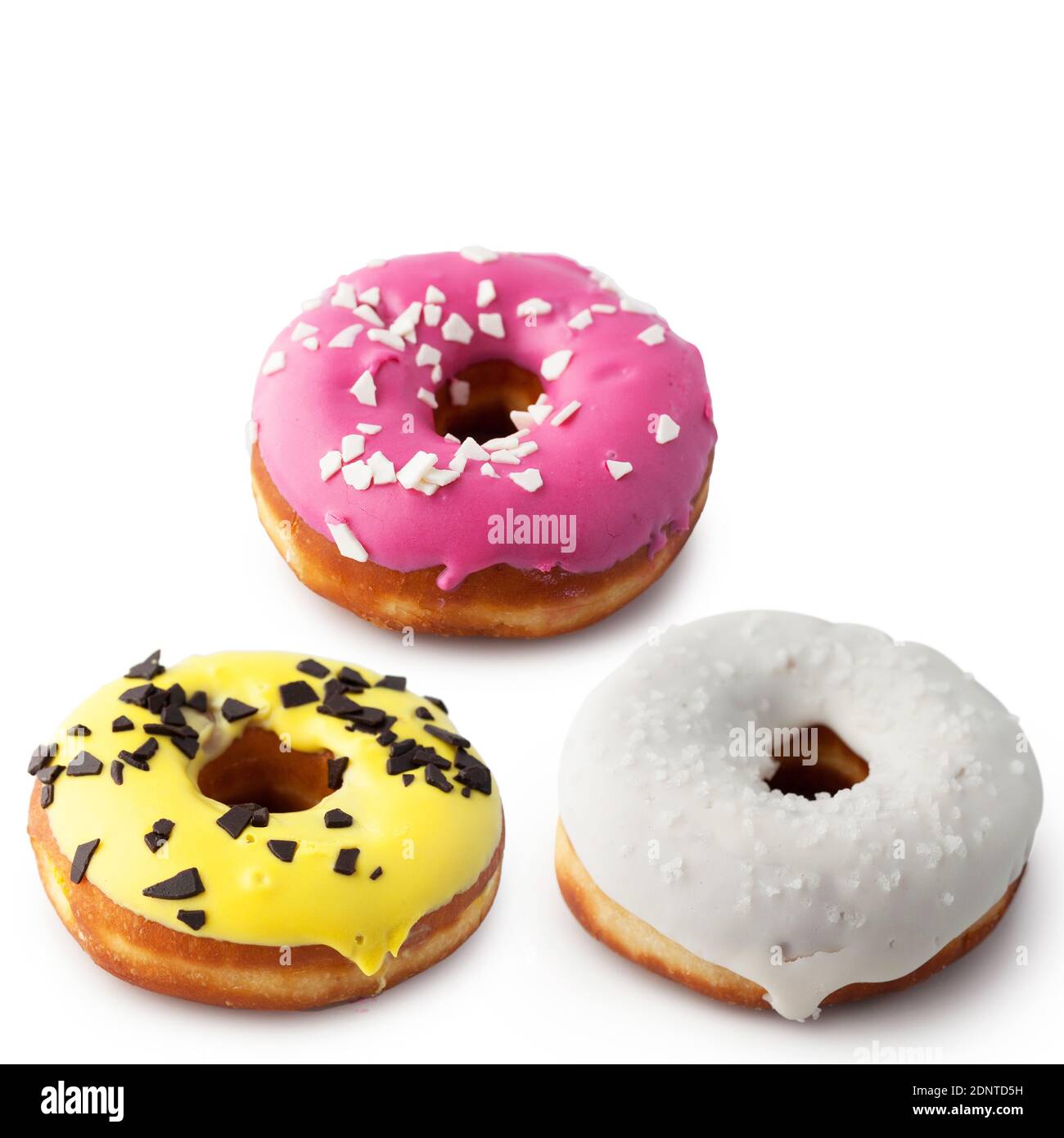 Set of assorted donuts side view isolated on white background. Stock Photo