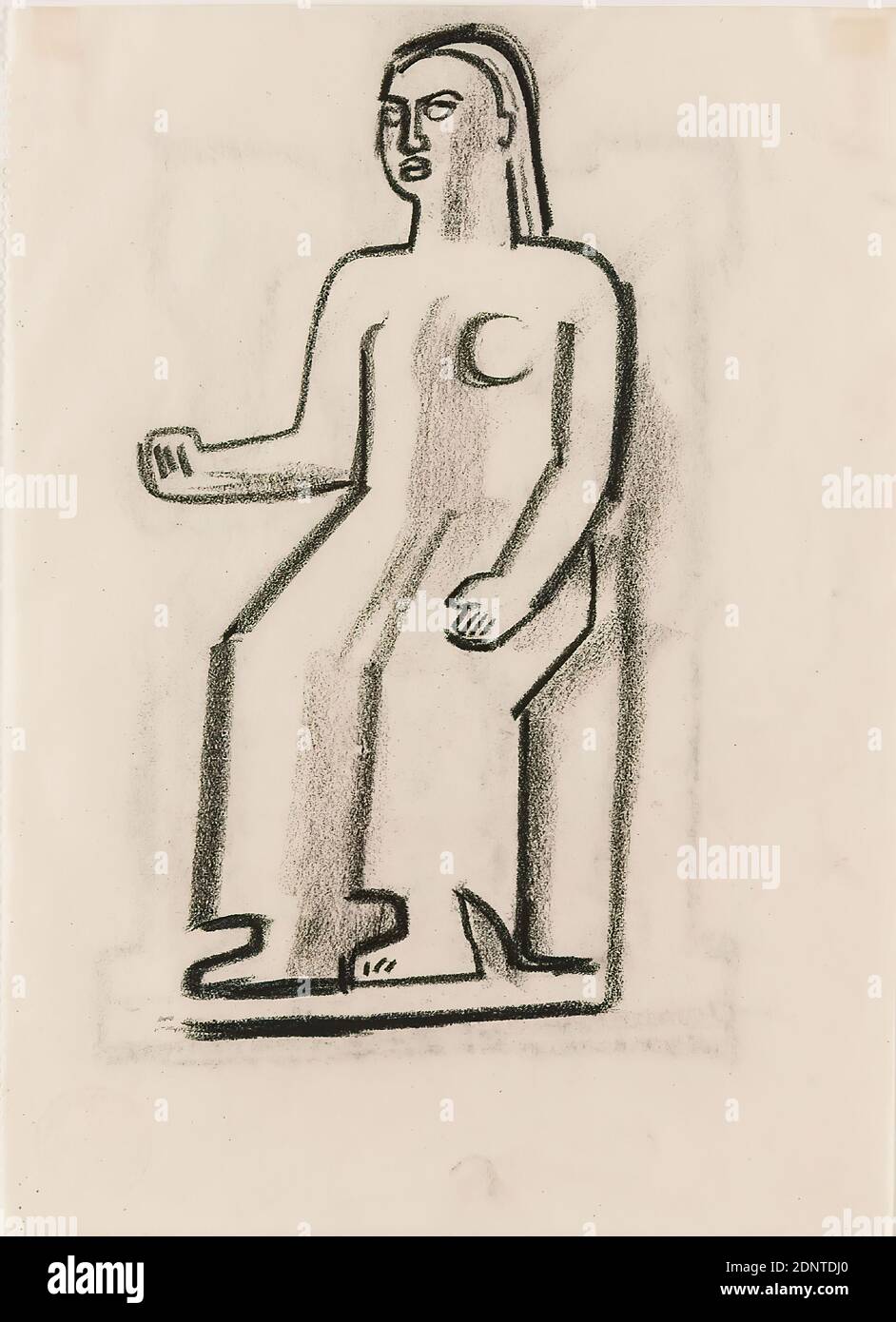 Gustav Heinrich Wolff, Sitting, parchment, drawing charcoal, drawing, charcoal on parchment, total: height: 21.8 cm; width: 15.8 cm, sketches, sitting figure, Classic Modernism, sitting in half profile to the right, right arm raised and angled. Study/variant of the throne ends. Single sheet from sketchbook 1923 Stock Photo